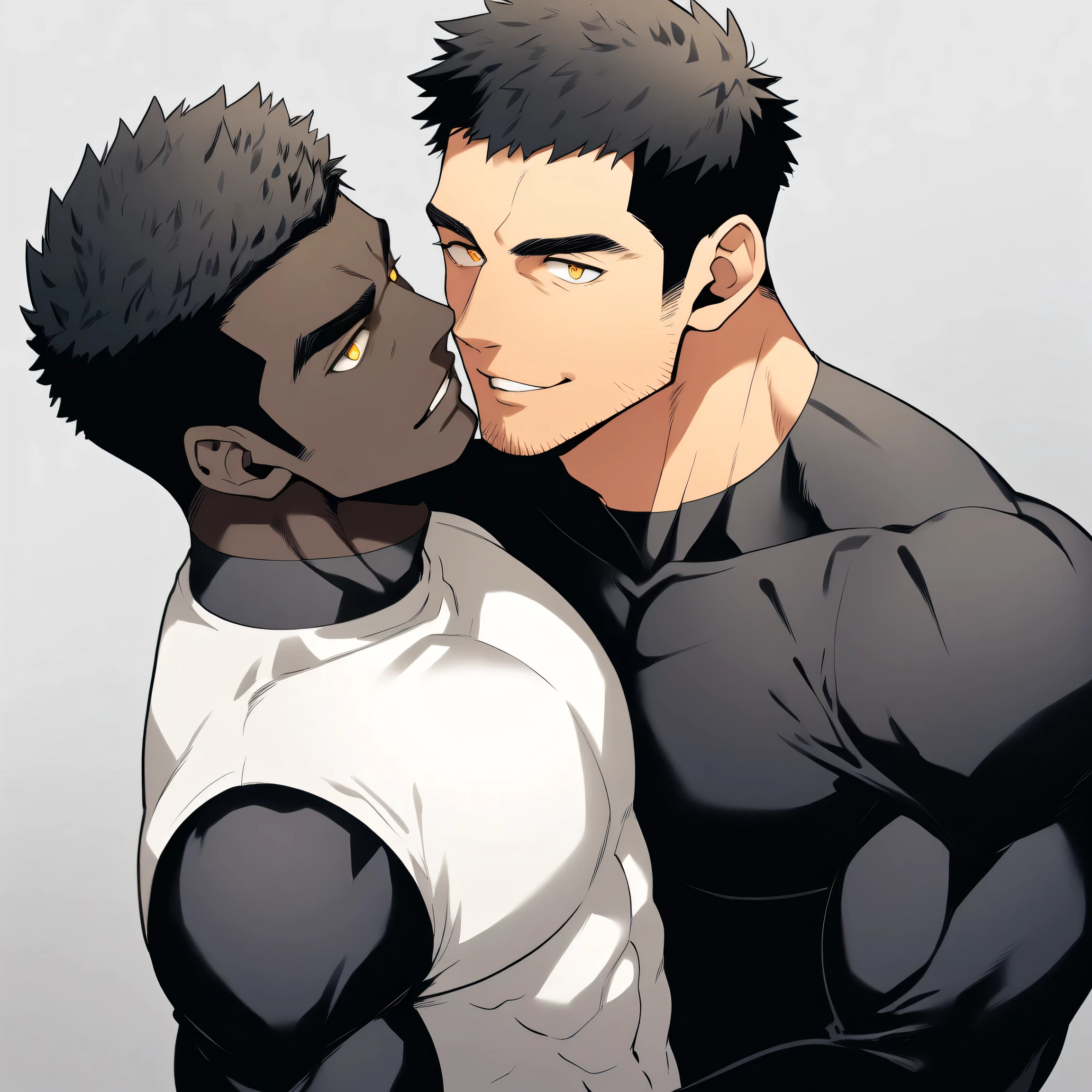 anime characters：Two superheroes in tights, Muscle superhero, negro black skin, They hugged and kissed each other, Bite your neck, Caress, Manliness, male focus, Yellow and black high collar long sleeve tight T-shirt, Slightly transparent material, Very tight, Round, full and perky chest muscles, Muscle waist, Slightly transparent, muscular male, muscular, only, Upper body, alone, Black short hair, Thick eyebrows, stubble, Yellow eyes, Grey background, simple background, amazing quality, best aesthetics, Ridiculous, bright pupils, crew cut, parted lips, seductive smile, torogao, naughty face, drop shadow, best quality