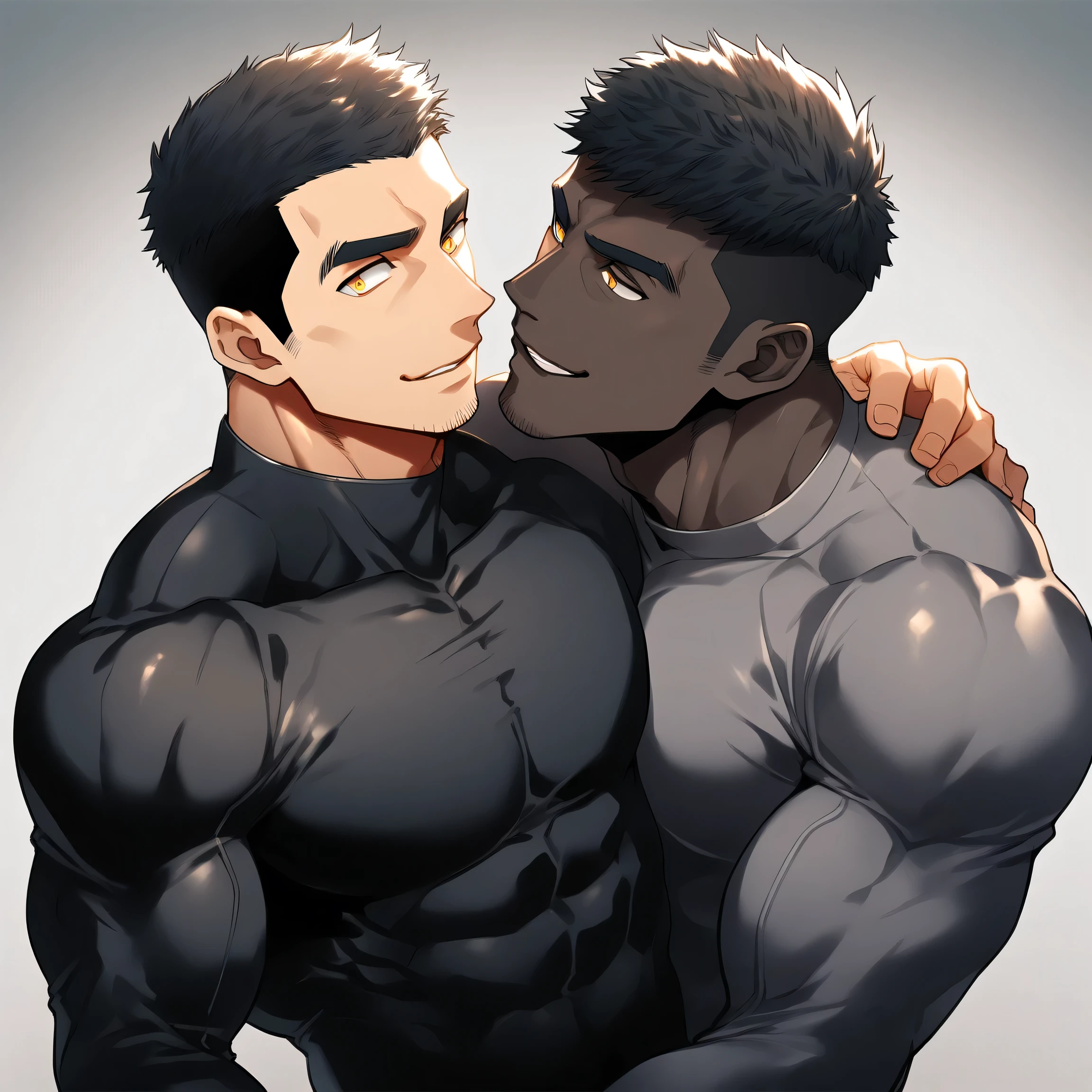 anime characters:Two superheroes in tights, Muscle superhero, negro black skin, They hugged and kissed each other, Bite your neck, Caress, Manliness, male focus, Yellow and black high collar long sleeve tight T-shirt, Slightly transparent material, Very tight, Round, full and perky chest muscles, Muscle waist, Slightly transparent, muscular male, muscular, only, Upper body, alone, Black short hair, Thick eyebrows, stubble, Yellow eyes, Grey background, simple background, amazing quality, best aesthetics, Ridiculous, bright pupils, crew cut, parted lips, seductive smile, torogao, naughty face, drop shadow, best quality
