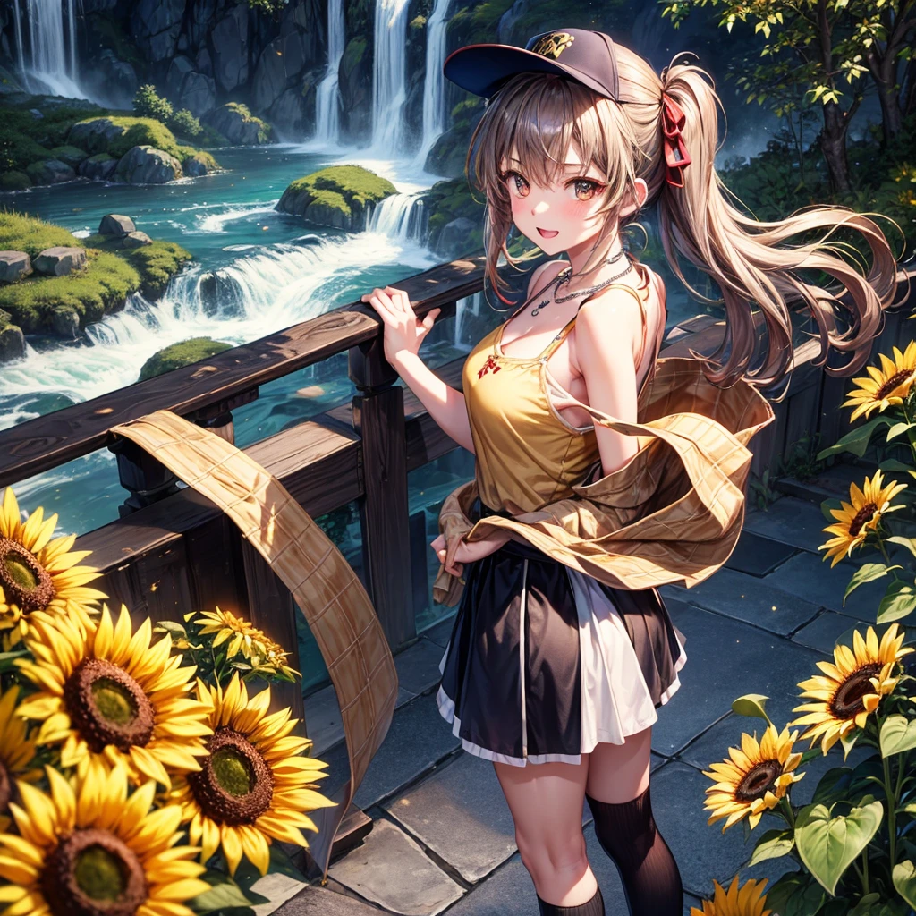 Red, brown, gold, gold hair、Golden Eyes、Hair tied up、One good looking girl、solo、anime、Checkered mini skirt、Ruffles on the skirt、camisole、Lightweight cardigan、Black knee-high socks、Wearing a baseball cap、Ribbon、Ribbon on waist、Teeth are visible、Silver coin necklace、From above、Sunflower Tunnel、Cobblestones、waterfall、Have sunflowers、Starry Sky、Midnight Moon、Winding Road、Unlocking、suspension bridge、Soap bubbles are flying
