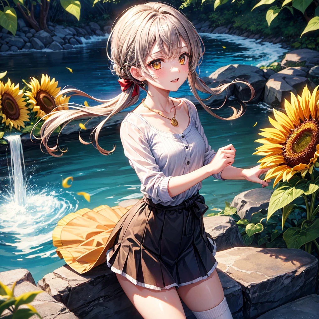 Red, brown, gold, gold hair、Golden Eyes、Hair tied up、One good looking girl、solo、anime、Checkered mini skirt、Ruffles on the skirt、camisole、Lightweight cardigan、Black knee-high socks、Wearing a baseball cap、Ribbon、Ribbon on waist、Teeth are visible、Silver coin necklace、From above、Sunflower Tunnel、Cobblestones、waterfall、Have sunflowers、Starry Sky、Midnight Moon、Winding Road、Unlocking、suspension bridge、Soap bubbles are flying