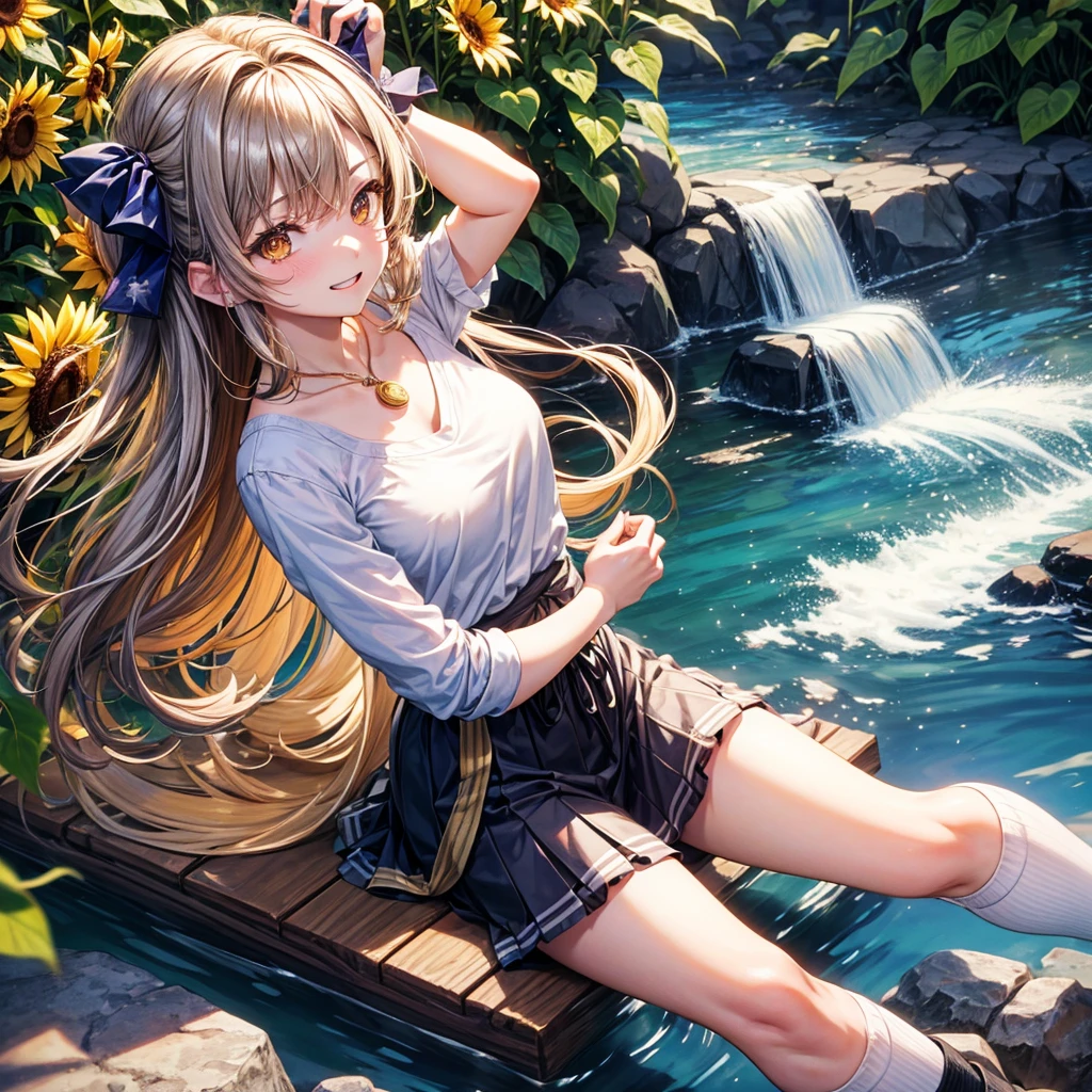 Red, brown, gold, gold hair、Golden Eyes、Hair tied up、One good looking girl、solo、anime、Checkered mini skirt、Ruffles on the skirt、camisole、Lightweight cardigan、Black knee-high socks、Wearing a baseball cap、Ribbon、Ribbon on waist、Teeth are visible、Silver coin necklace、From above、Sunflower Tunnel、Cobblestones、waterfall、Have sunflowers、Starry Sky、Midnight Moon、Winding Road、Unlocking、suspension bridge、Soap bubbles are flying