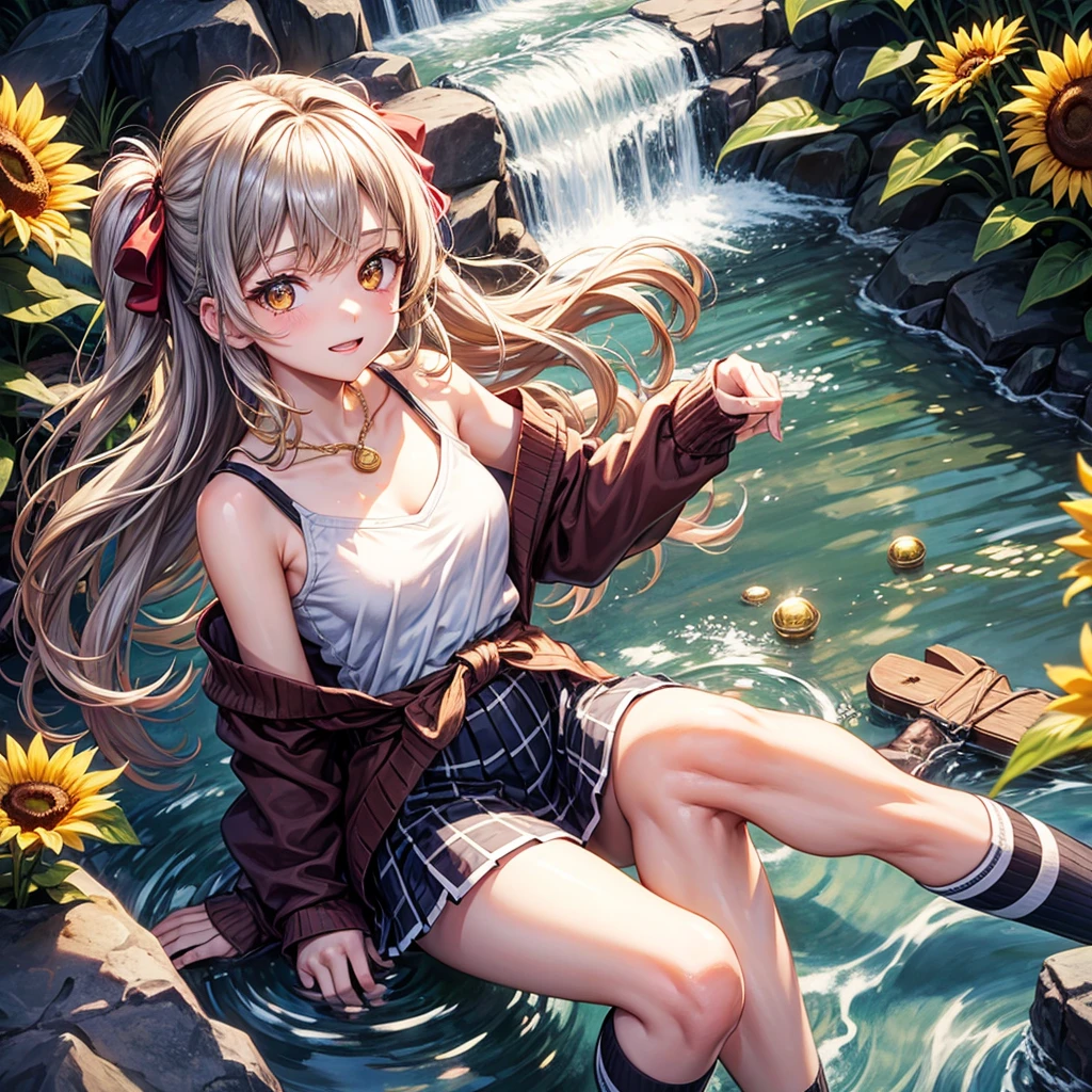Red, brown, gold, gold hair、Golden Eyes、Hair tied up、One good looking girl、solo、anime、Checkered mini skirt、Ruffles on the skirt、camisole、Lightweight cardigan、Black knee-high socks、Wearing a baseball cap、Ribbon、Ribbon on waist、Teeth are visible、Silver coin necklace、From above、Sunflower Tunnel、Cobblestones、waterfall、Have sunflowers、Starry Sky、Midnight Moon、Winding Road、Unlocking、suspension bridge、Soap bubbles are flying