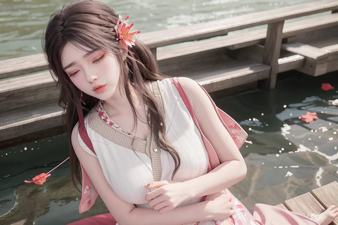 1girl walking on the river, mix4, sweater, pillow, lips, open_mouth, realistic, photo_\(medium\), solo, stuffed_animal, stuffed_toy, teddy_bear,(masterpiece),(photorealistic:1.3), ultra-detailed, (high detailed skin:1.2),(best quality:1.0), (ultra highres:1.0), (ulzzang-6500:0.3), wavy detailed hair, long hair, sunshine, (beautiful detailed makeup), (sexually aroused blushing heavy breathing:1.0), floral theme flower petals scattered, (soft glow bloom:0.5)