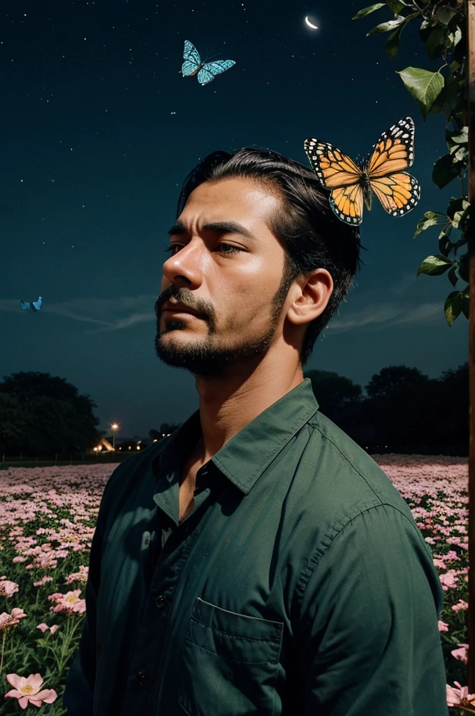 Only a shadow of a man with  sad face letting go of one butterfly in in his palms into the sky high in night surrounded by flowers in land