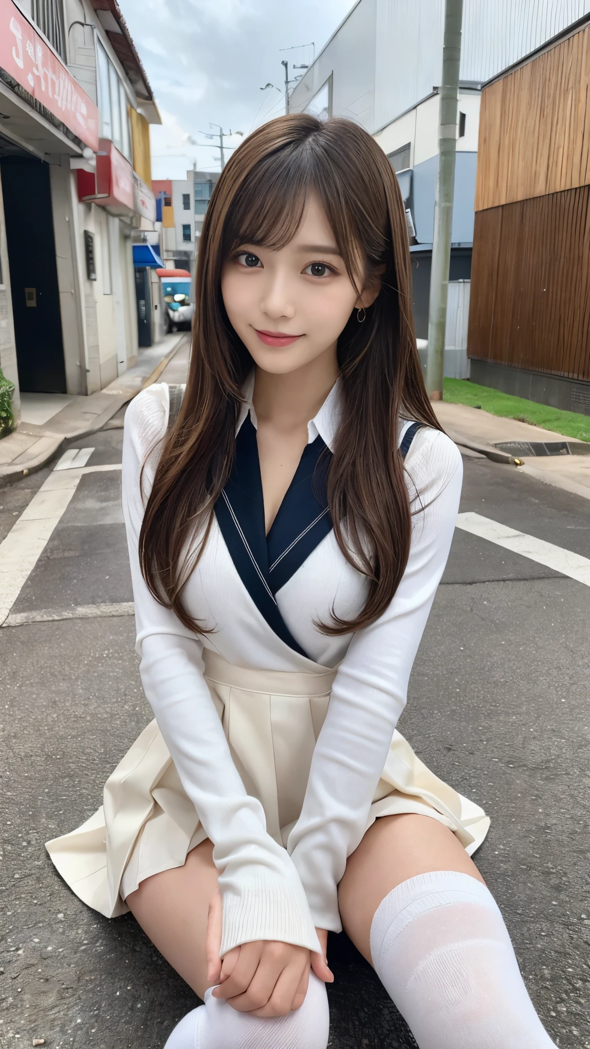 (Detailed skin:1.2),(Shiny skin:1.1),8K,Highest quality, masterpiece, Ultra-high resolution,(Realistic:1.4), RAW Photos,(Soft saturation:1.3),(Fair skin:1.2),Japanese Idols,repair,20 years, Light brown hair, (Long Hairstyles:1.2), Asymmetrical Hair, Asymmetrical bangs (Pretty face:1.4), (Large Breasts, Tight waist), Beautiful lighting, Small Head, (Student Uniform:1.2,),((White knee-high socks:1.2)),Highly detailed face, Highly detailed lips, fine grain, double eyelid,(Full Body Shot:1.2), Browsing Caution, (Sharp focus: 1.2), (Perfect Anatomy、Beautiful woman with perfect figure: 1.2)、Exposing cleavage、Model-like pose,Accentuate your leg lines、Smiling