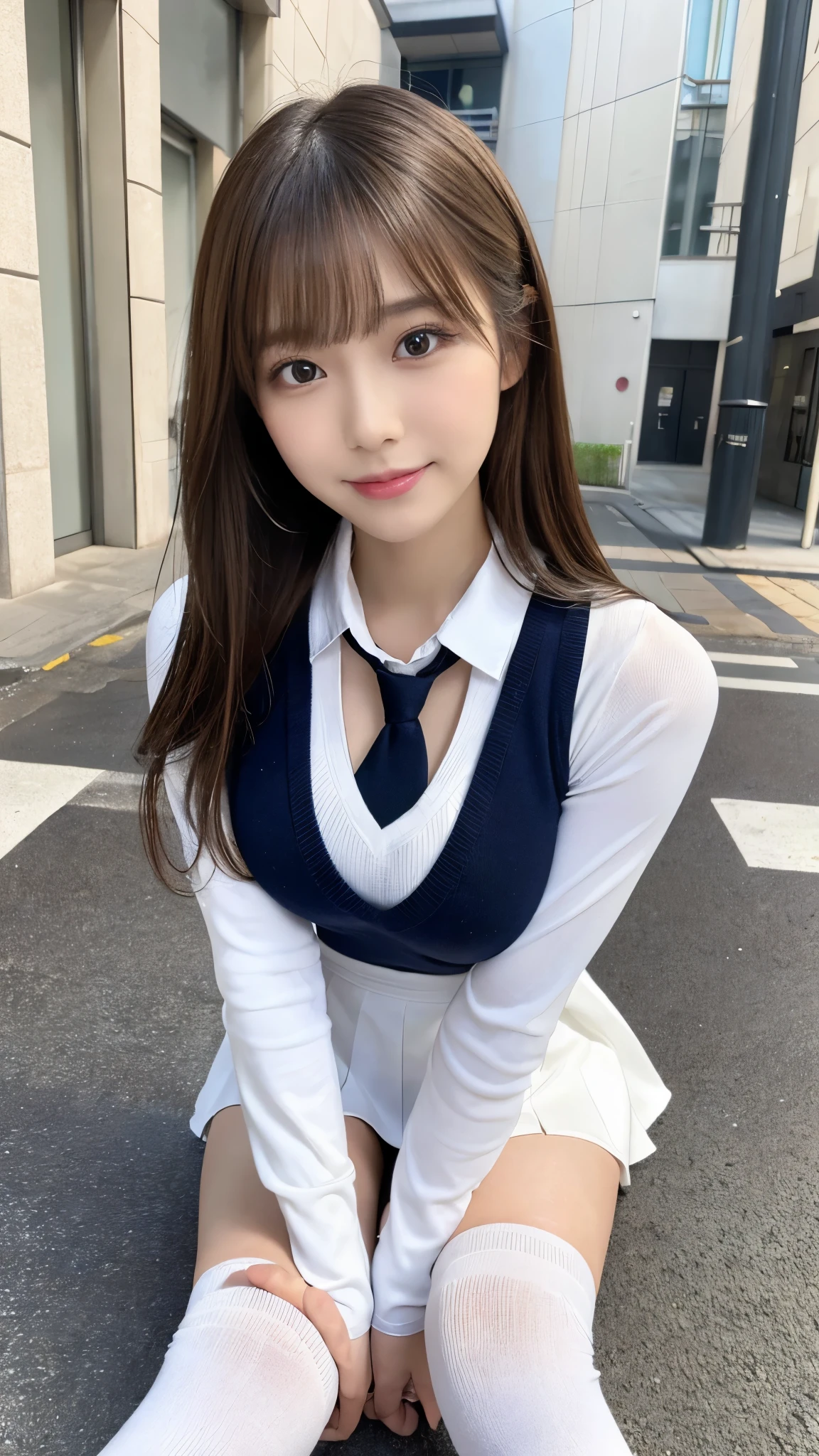 (Detailed skin:1.2),(Shiny skin:1.1),8K,Highest quality, masterpiece, Ultra-high resolution,(Realistic:1.4), RAW Photos,(Soft saturation:1.3),(Fair skin:1.2),Japanese Idols,repair,20 years, Light brown hair, （Long Hairstyles:1.2), Asymmetrical Hair, Asymmetrical bangs (Pretty face:1.4), (Large Breasts, Tight waist), Beautiful lighting, Small Head, (Student Uniform:1.2,),((White knee-high socks:1.2)),Highly detailed face, Highly detailed lips, fine grain, double eyelid,（Full Body Shot:1.2）, Browsing Caution, （Sharp focus: 1.2）, （Perfect Anatomy、Beautiful woman with perfect figure: 1.2）、Exposing cleavage、Model-like pose，Accentuate your leg lines、Smiling