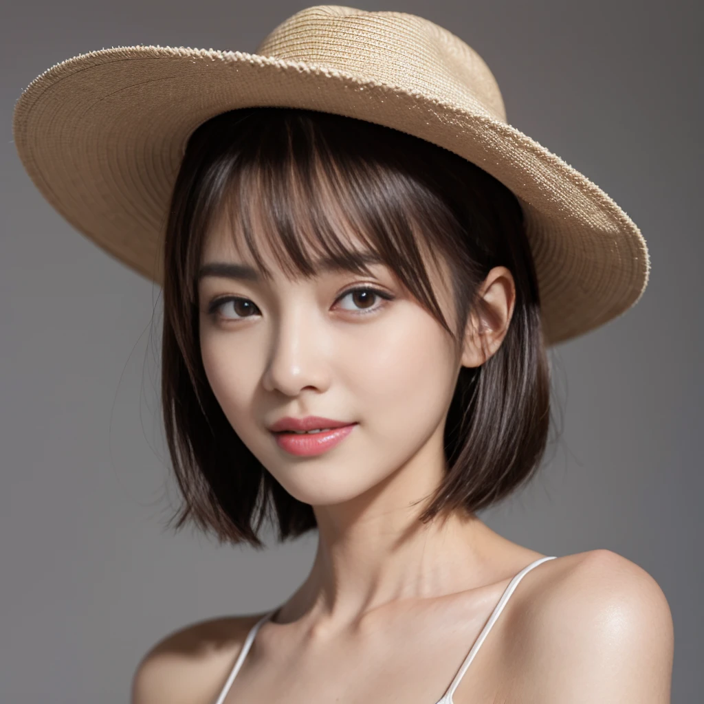 Highest quality, Realistically, Very detailed, Thin pubic hair, High resolution, Plain background，8k wallpaper, One beautiful woman,,Light brown short hair, Unusual angles、Wear a hat casually, Lock Focus, Perfect dynamic composition, Beautiful Eyes, Delicate hair, 细致Realistically的皮肤纹理, smile, Close-up portrait, Model Body Type