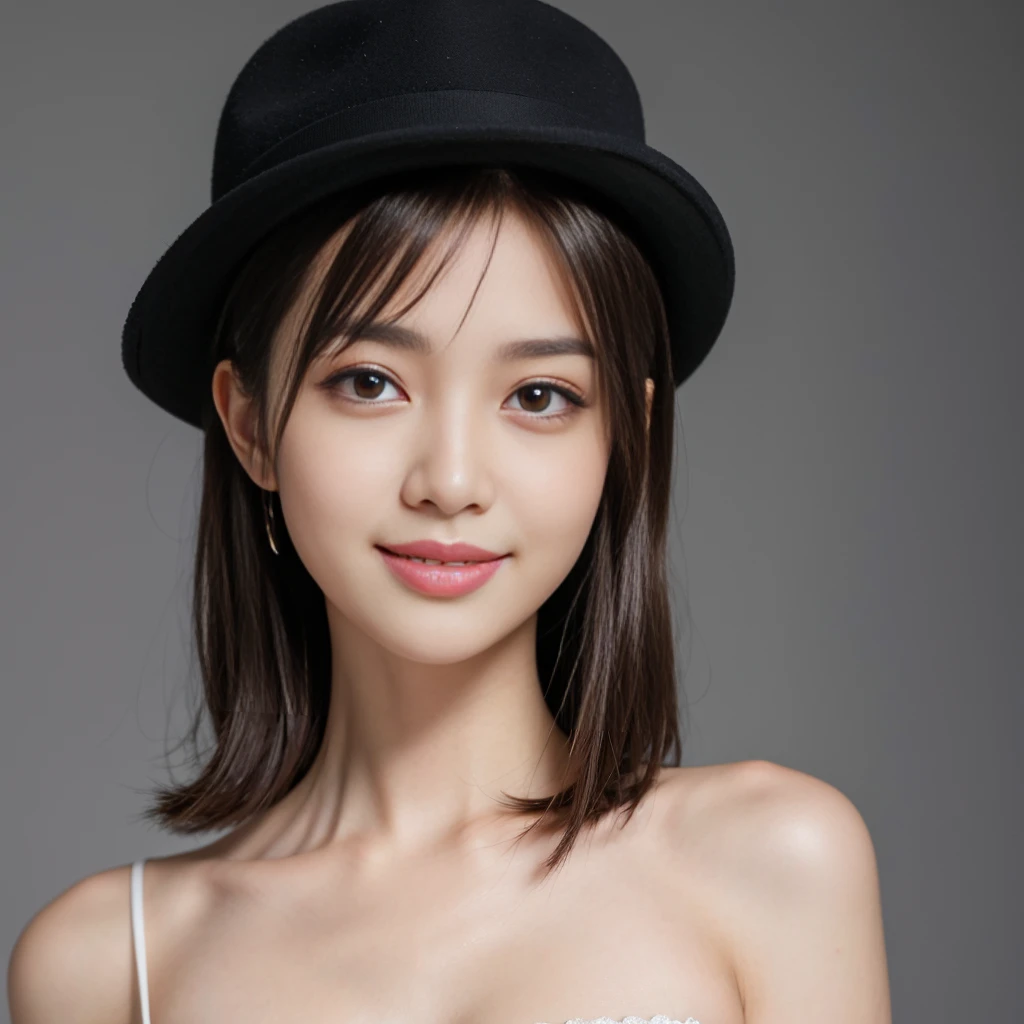 Highest quality, Realistically, Very detailed, Thin pubic hair, High resolution, Plain background，8k wallpaper, One beautiful woman,,Light brown short hair, Unusual angles、Wear a hat casually, Lock Focus, Perfect dynamic composition, Beautiful Eyes, Delicate hair, 细致Realistically的皮肤纹理, smile, Close-up portrait, Model Body Type