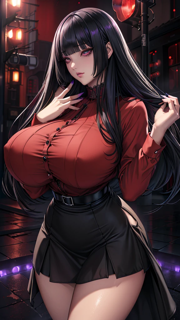 (in 16K、A high resolution、Best Quality、 masuter piece、unreal engine、amine、top-quality、From the thighs up:1.2),(Natural Skin Texture、Detailed skin、Beautiful skin、ultra sharpness),intricate detailes、Extraordinary beauty,(((gigantic breasts,voluptuous body、1 cute woman,20 to 25 years old,adult lady,Black nails,))),(an extremely cute and beautiful face:1.2),(((,big eyes,sharp eyes,eye bags,eyelash extension,pale skin,black hair,very long straight hair,jirai fashion))),(独奏,blunt bangs,empty eyes,Expressionless,darkness,Dark atmosphere,violet streaked hair:1.6)(It was those,dress shirt,High Waist Skirt:1.3),(Late Night,Red Light District,dim:1.5),