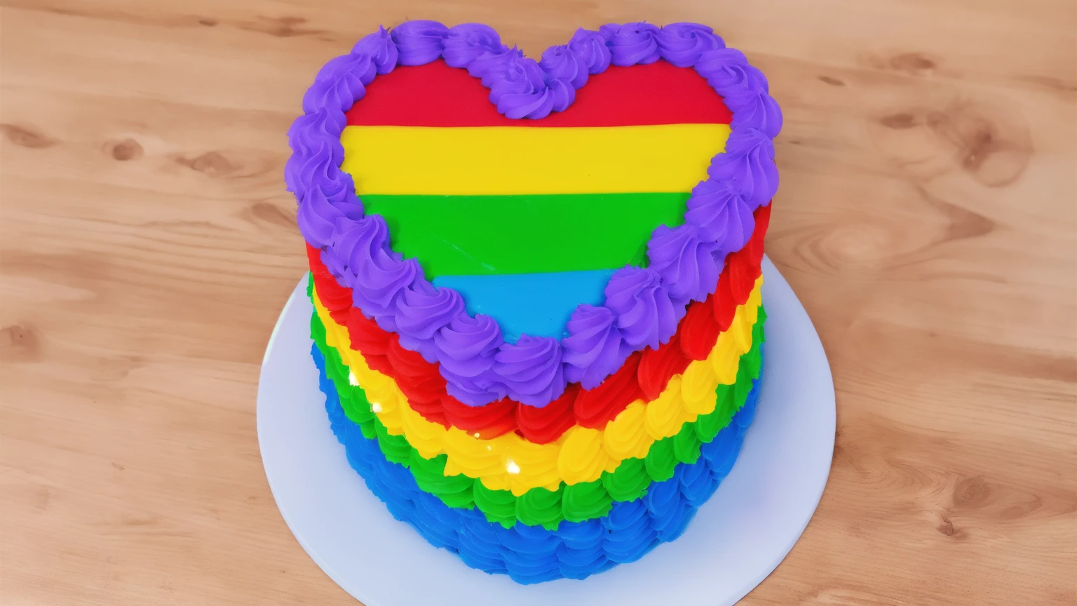 on a wooden table, there is a white plate with a heart cake , rainbow cream heart cake ( star shaped) , multi-colored heart on top, decorated with purple cream, cream with highlights, view from above, Beautiful light from the window, beautiful lighting, bright announcement, Multiple light sources, Realistic style, realistic textures, high quality, high detail, detailed textures, ultra 4k hd, macro photography