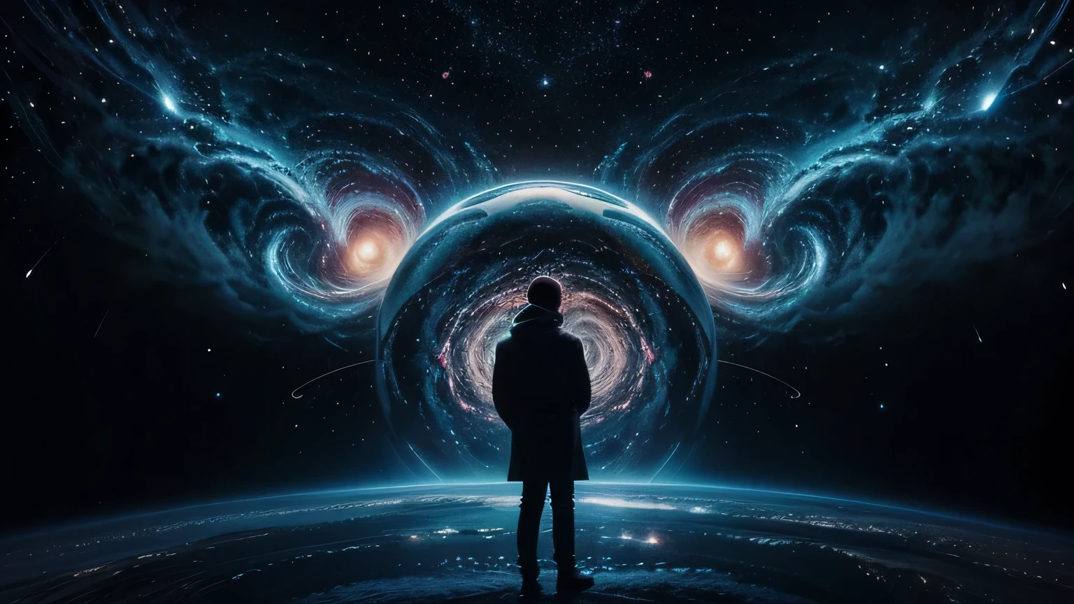 Create an image, which will depict a surreal space, covered with a complex and vibrant cosmic pattern. The pattern should include vortex galaxies, bright nebulae and shining stars against the backdrop of deep space. In the center is the figure of a man and all these cosmic vortices are coming into his mind. The general atmosphere should evoke a feeling of an endless universe, meeting modern technologies in harmonious combination. high quality, hyperrealism, 8 k