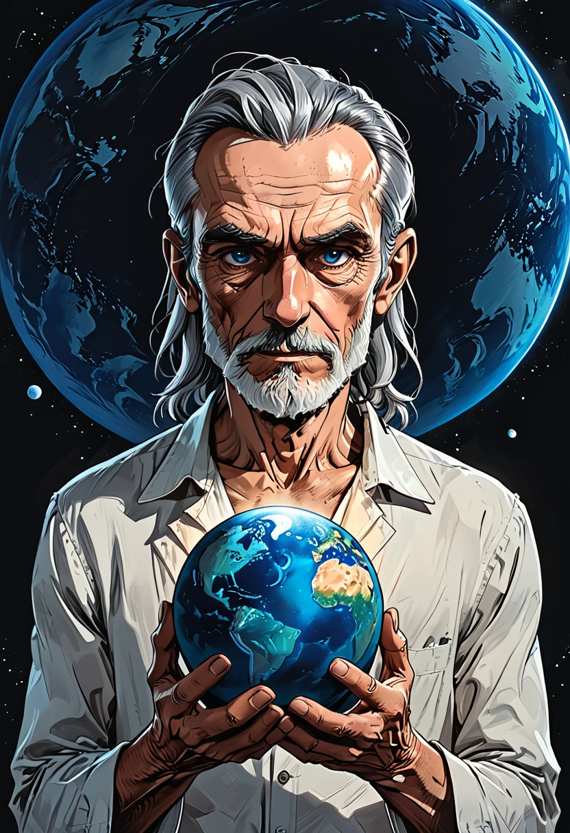 glow ball in hands,
Elderly Man holds in his hands the planet earth, outer space, vishai, a giant grandfather between whose hands is the earth, geometric composition,, Elderly, [Nordic] anorexic , Long gray hair, Old white skin, Round blue eyes, Oval faces, anorexic small neck, Thin nude Lips, Bold Tapered gray Eyebrows, snub nose, Hunched Shoulders, Slim Thighs, anorexic Slim arms legs and breast, High Angled Cheekbones, Hollow Cheeks, Rounded Chin, Rounded Jawline, Attached Pointed ears, round forehead,       graphic style of novel comics, perfect hands, 2d,
8k, hyperrealism, masterpiece, high resolution, best quality, ultra-detailed, super realistic, Hyperrealistic art, high-quality, ultra high res, highest detailed, lot of details, Extremely high-resolution details, incredibly lifelike, colourful, soft cinematic light,