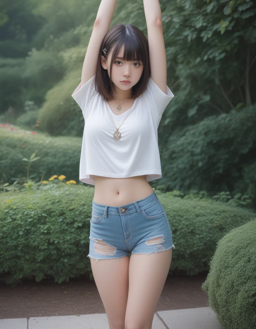 score_9, score_8_up, score_7_up, best quality, masterpiece,realistic eye, big breasts, japanese girl, a pendant, Henry shirt with ripped shorts, stretching, in the garden, highly detailed face and skin, detailed eyes, double eyelids