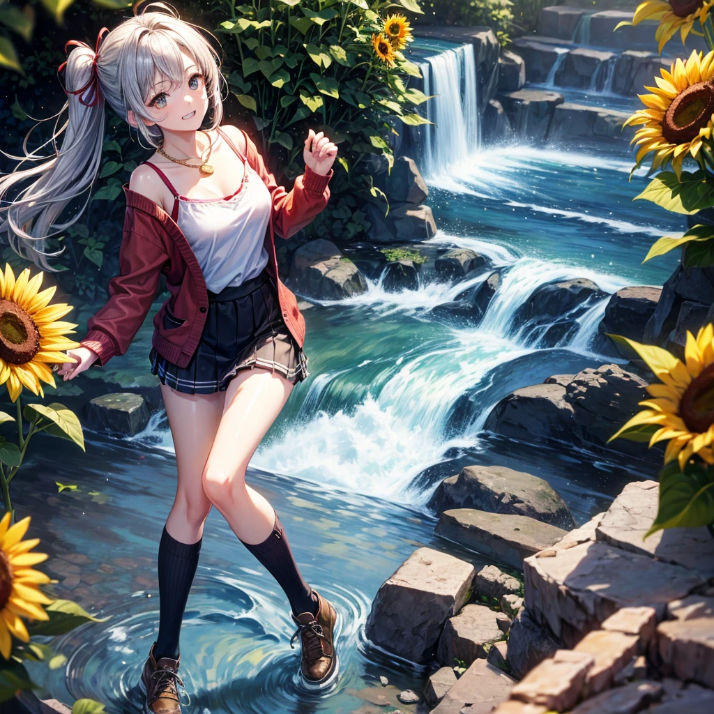 Red, brown, gold, gold hair、Golden Eyes、Hair tied up、One good looking girl、solo、anime、Checkered mini skirt、Ruffles on the skirt、camisole、Lightweight cardigan、Black knee-high socks、Wearing a baseball cap、Ribbon、Ribbon on waist、Teeth are visible、Silver coin necklace、From above、Sunflower Tunnel、Cobblestones、waterfall、Have sunflowers、Starry Sky、Midnight Moon、Winding Road、Unlocking、suspension bridge、Soap bubbles are flying