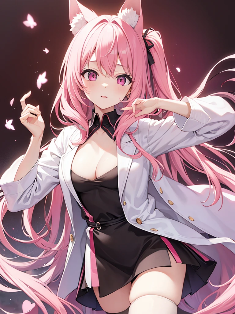 zero two \(darling in franxx\), darling in franxx, 1girl, bangs, bite, shadow, green eyes, hair behind head, horns, long hair, looking at viewer, big thighs, makeup, small breasts, pilot suit, white suit, pink hair, red eyeshadow, science fiction, tight skin, solo