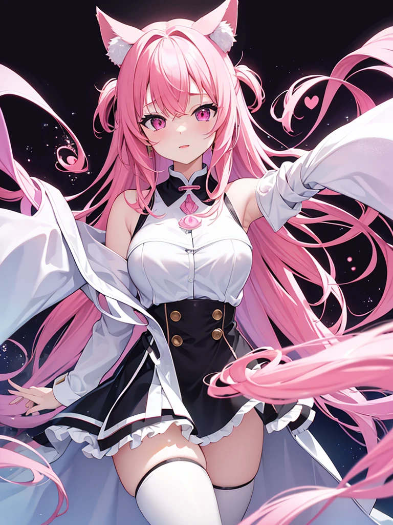 An adult woman with pink eyes, long bright pink hair with fox ears. Wears an elegant dress. She must be wearing a pink leggings. she comes from wonderland