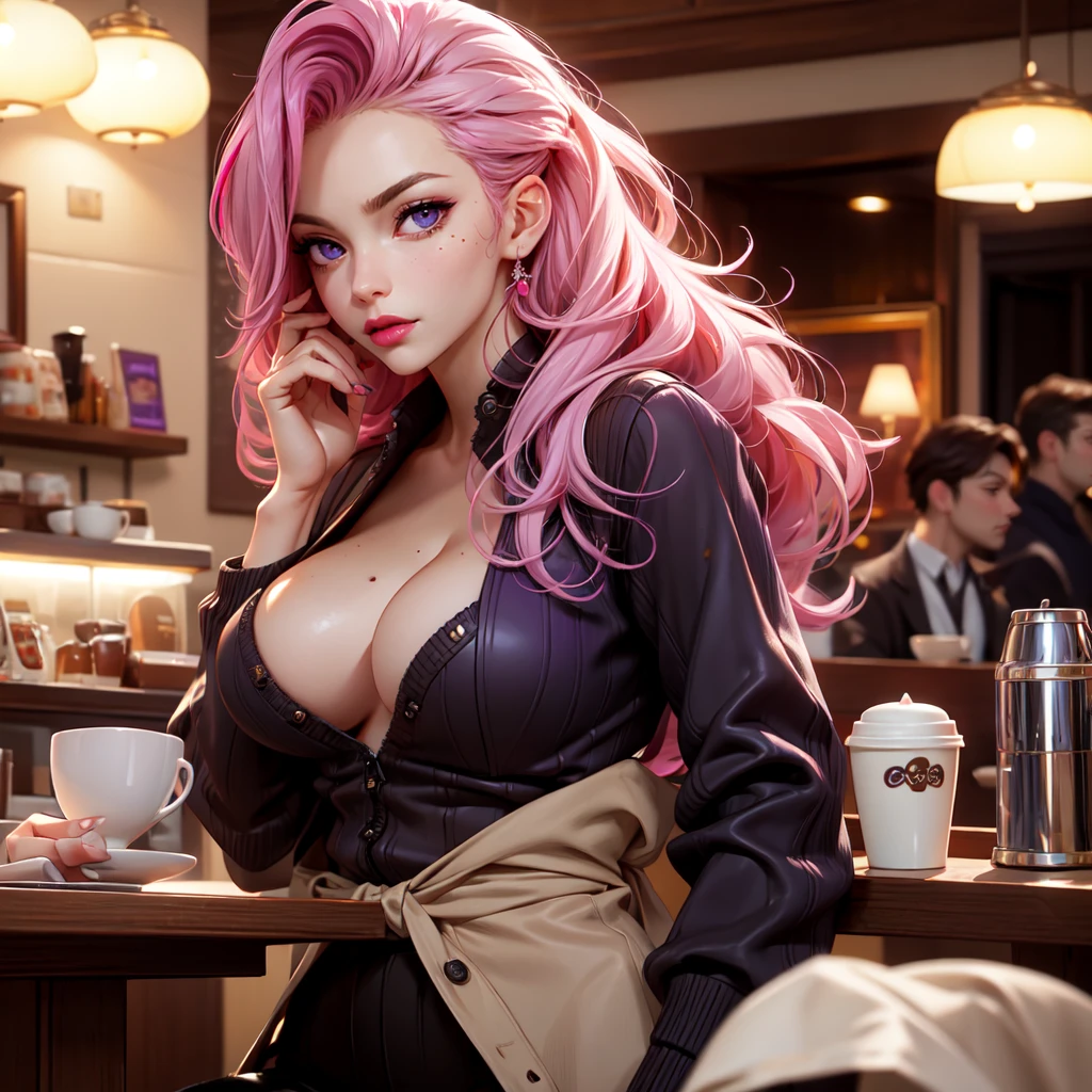 Best quality, Masterpiece, Portrait, Perfect anatomy, Femininity, Cool, Flawless, , Solo, Sexy, Stylish, Mature, Purple eyes, Long light pink hair, Mole above lip, Red lipstick, Big breasts, cofee, dressin a coffee shop with coffee