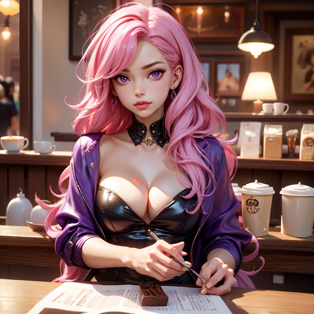 Best quality, Masterpiece, Portrait, Perfect anatomy, Femininity, Cool, Flawless, , Solo, Sexy, Stylish, Mature, Purple eyes, Long light pink hair, Mole above lip, Red lipstick, Big breasts, cofee, dressin a coffee shop with coffee