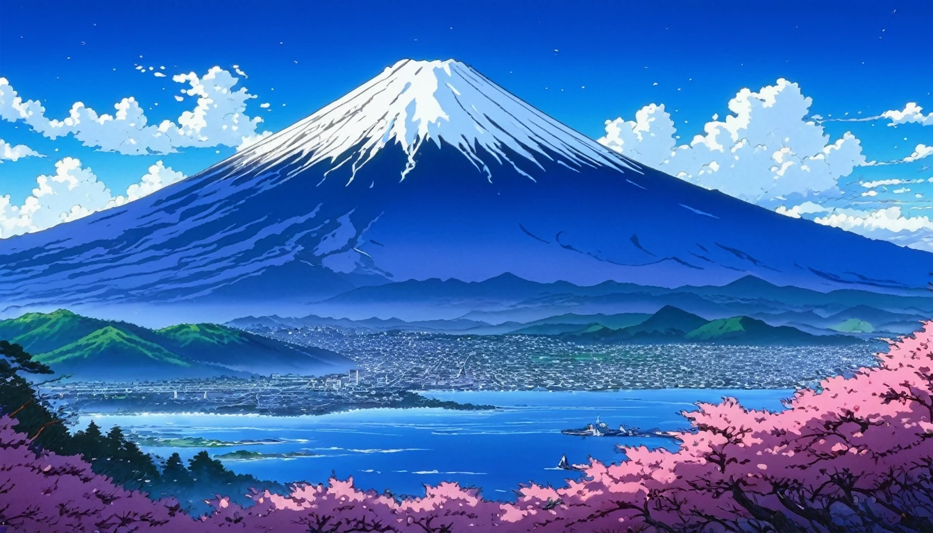 (Highest quality),(masterpiece),(Super detailed),(High detail),(Very detailed) Anime scenery, (Super detailed) A surreal scenario, Distinctive Mountains. Fuji Mountain, Bright colors and dynamic elements, Reminiscent of Hokusai's works.young woman,Sit at the table,Drinking tea,(Gazing at the mountains. Fuji Mountain in the distance),The text is on the left side of the frame,Left rear 45 degree view,Turn away from the camera,(Character's head turns towards the mountain. Fuji Mountain),Small person,Spectacular Background,Emphasize the overall emotional feeling ,Best image quality,Intricate details,8k high quality wallpaper。Follow aesthetic principles。Optimal Configuration。