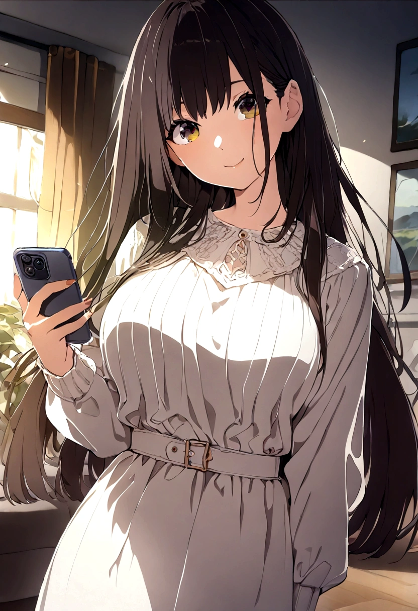 ((1girl)), super fine illustration, vibrant colors, absurdres extremely detailed CG, 8k wallpaper, (masterpiece:1.3), dynamic angle, dynamic pose,
best quality, depth of field, cinematic lighting, ultra detailed, brown long hair, very straight hair, large breast, white knit dress , 20yo, cute, kawaii, smile, droopy eyes, arms at sides, smartphone, modern living room, Showing off the screen of his smartphone