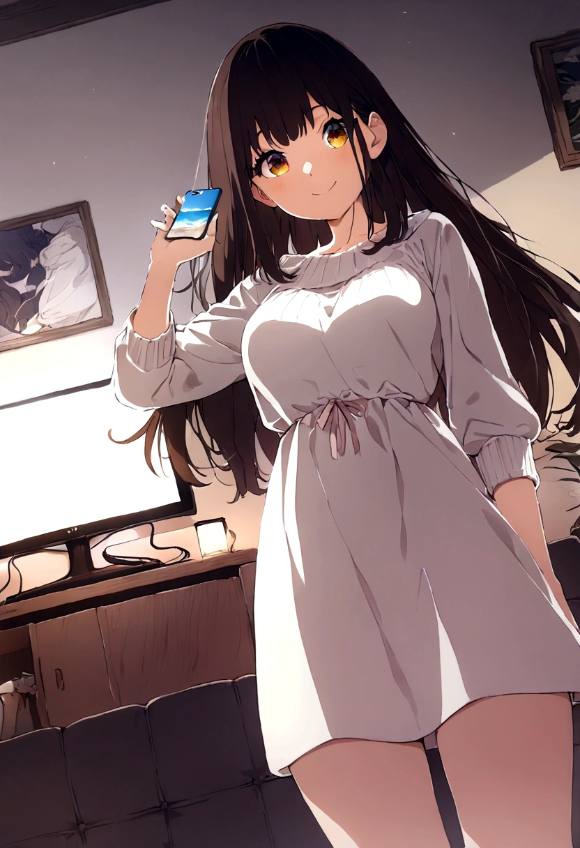 ((1girl)),  super fine illustration, vibrant colors, absurdres extremely detailed CG, 8k wallpaper, (masterpiece:1.3), dynamic angle, dynamic pose, 
best quality, depth of field, cinematic lighting, ultra detailed, brown long hair, very straight hair, large breast, white knit dress , 20yo, cute, kawaii, smile, droopy eyes, arms at sides, smartphone, modern living room, Showing off the screen of his smartphone