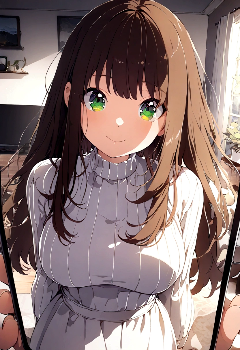((1girl)), super fine illustration, vibrant colors, absurdres extremely detailed CG, 8k wallpaper, (masterpiece:1.3), dynamic angle, dynamic pose,
best quality, depth of field, cinematic lighting, ultra detailed, brown long hair, very straight hair, large breast, white knit dress , 20yo, cute, kawaii, smile, droopy eyes, arms at sides, smartphone, modern living room, Showing off the screen of his smartphone