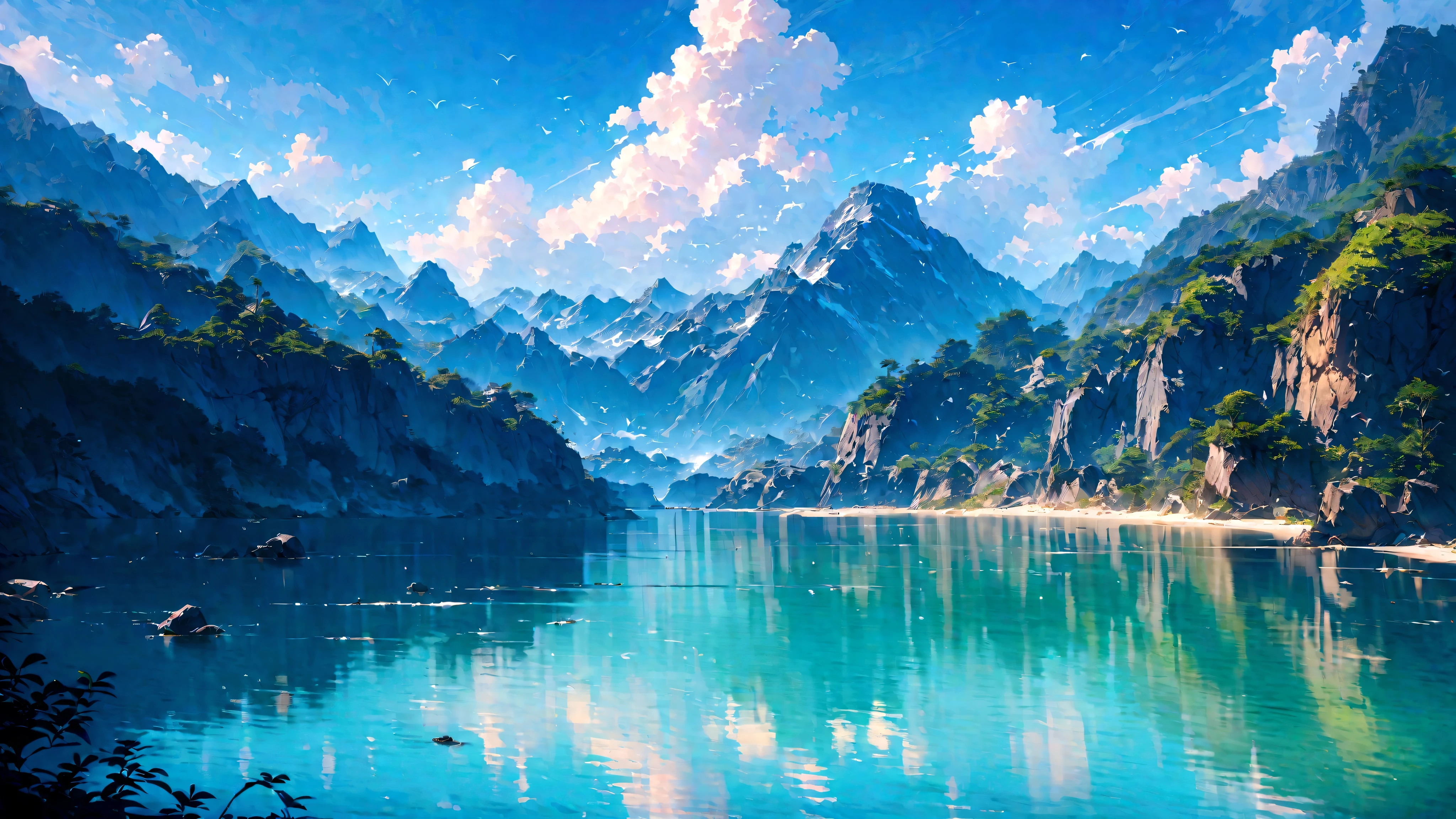 ((best quality,4K,8K,high resolution,masterpiece:1.2),Extremely detailed,(Practical,photoPractical,photo-Practical:1.37),(illustration : 1.0), Epic Composition, Realistic lighting, High-resolution details, masterpiece, Best quality, (Highly detailed CG integrated 8k wallpaper) , Chinese style（Chinese style illustrations）Blue sky,White Cloud,birds in the distance,Sea,Great prospects,Vision,landscape,Waves,peaceful,peaceful,fresh air,peaceful atmosphere,Endless Horizon,Vibrant colors,sky reflection on Sea surface,Lush greenery,The trees swayed,trunk,Mountains in the background,Magnificent beauty of nature,Land and sea,relaxing environment, Background only, Only the view,