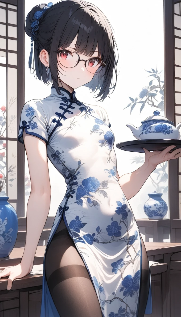 solo,1boy,black stockings, bulge,standing,holding tray,red eyes,small chest,glasses,skirt up,black hair,pruplr hair,long bangs,short hair,bob cut,blue and white porcelain chinese-style clothing,blue and white porcelain Chinese dress,blue and white porcelain chinese qipao,blue and white porcelain print dress,headdress,pink apron,teahouse