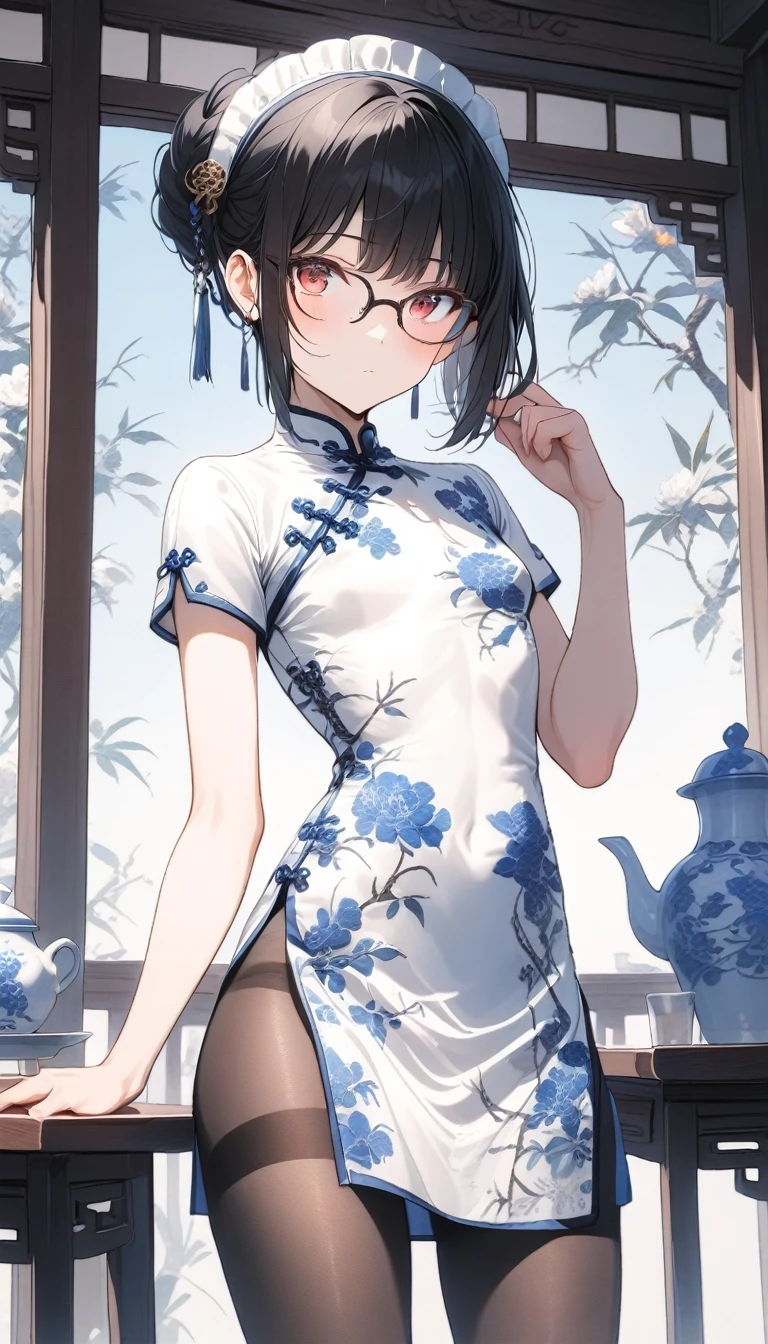 solo,1boy,black stockings, bulge,standing,holding tray,red eyes,small chest,glasses,skirt up,black hair,pruplr hair,long bangs,short hair,bob cut,blue and white porcelain chinese-style clothing,blue and white porcelain Chinese dress,blue and white porcelain chinese qipao,blue and white porcelain print dress,headdress,pink apron,teahouse