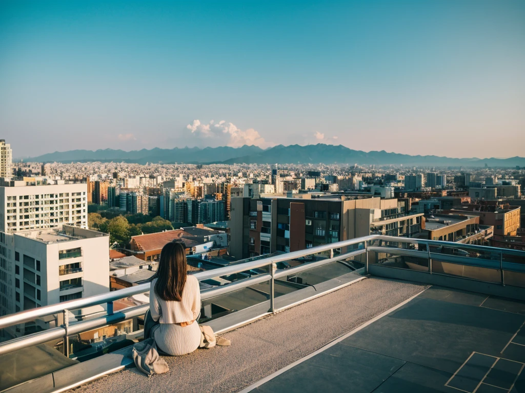Peaceful rooftop landscape images。There's a tree next to the roof々There is、屋上の横にはビーチThere is、Sitting on a chair on the roof「Good life」There was a teenage girl reading a book titled、It shows what she is reading.。 "Embracing loneliness, Enjoy the simple pleasures that light up your soul, Day々の瞬間に魔法を見つける - それがGood lifeを送るための本質です." There were croissants and coffee on the table next to her.、背景には夕Day、A cat is flying nearby.、The starry sky spreads above。