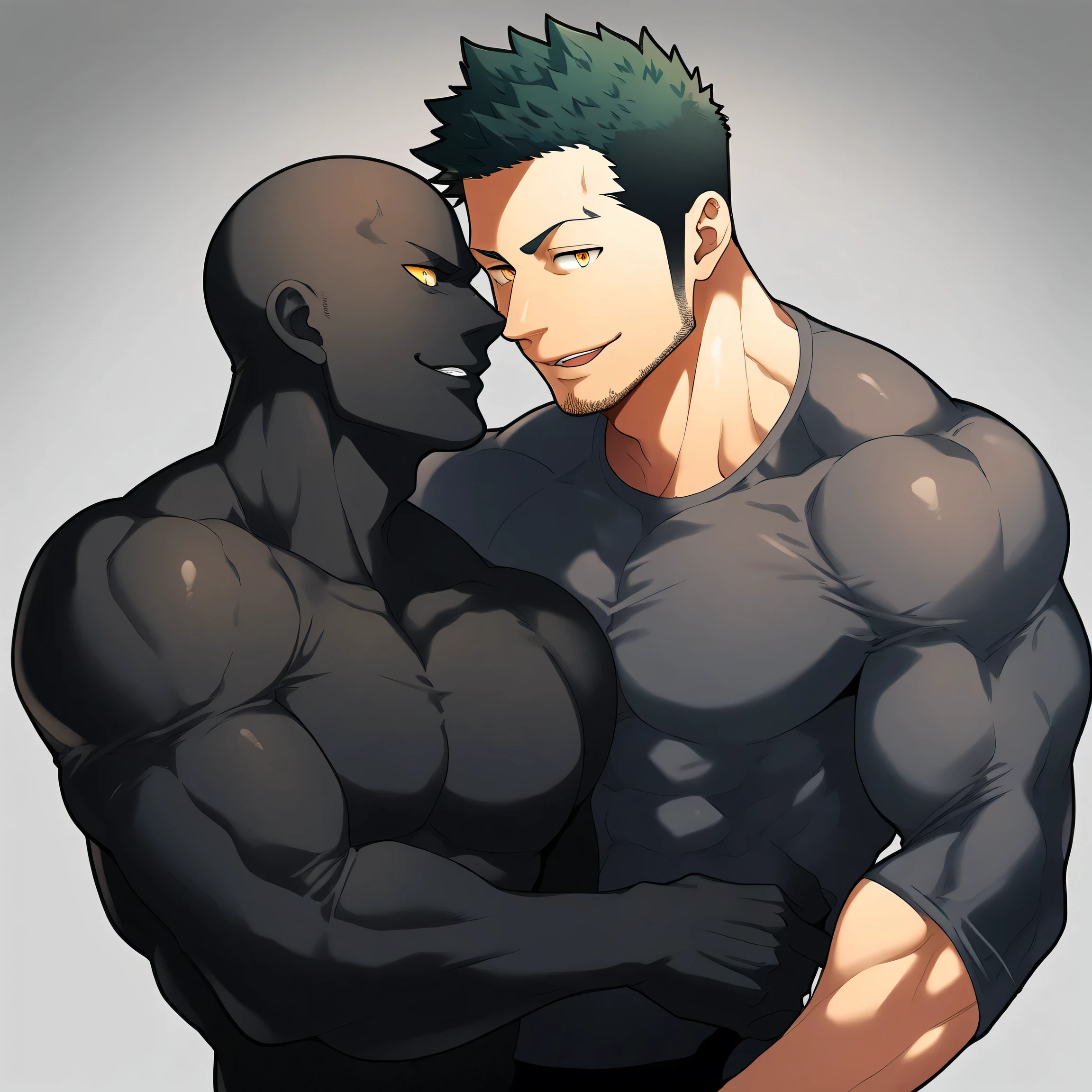 anime characters:Two superheroes in tights, Priapus and Muscle skinhead superhero, negro black skin, They hugged and kissed each other, Bite your neck, Caress, Manliness, male focus, Yellow and black high collar long sleeve tight T-shirt, Slightly transparent material, Very tight, Round, full and perky chest muscles, Muscle waist, Slightly transparent, muscular male, muscular, only, Upper body, alone, Black short hair, Thick eyebrows, stubble, Yellow eyes, Grey background, simple background, amazing quality, best aesthetics, Ridiculous, bright pupils, crew cut, parted lips, seductive smile, torogao, naughty face, drop shadow, best quality