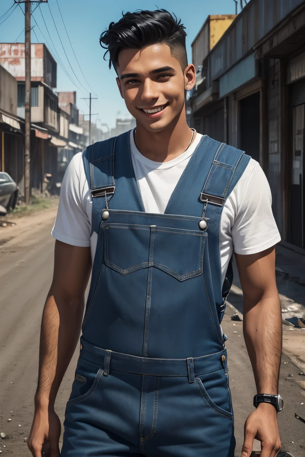 A vital smiling young man. Cool and funny. Happy. Tanned skin. Black hair. A quiff. Sideburns. Wearing a blue dirty dungarees. In a postapocalyptic world.