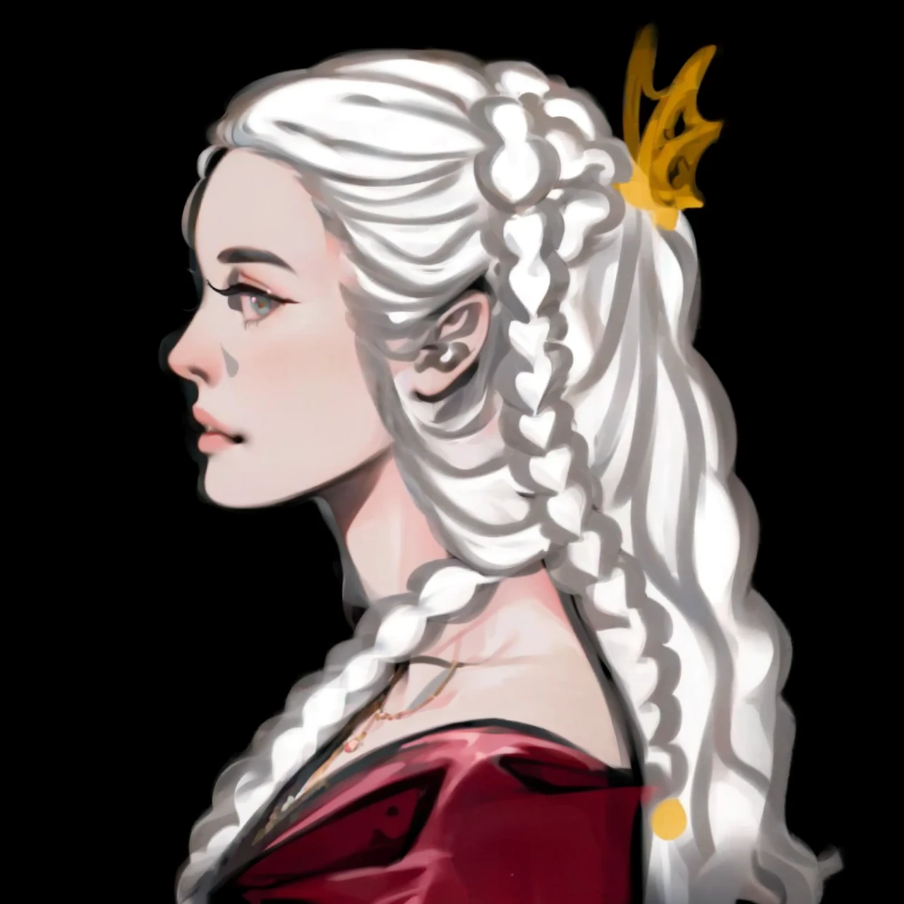 Girl with white wavy hair,side braids,beautiful necklace, Targaryen women hairstyle,beautiful gold tiara, red and black dress