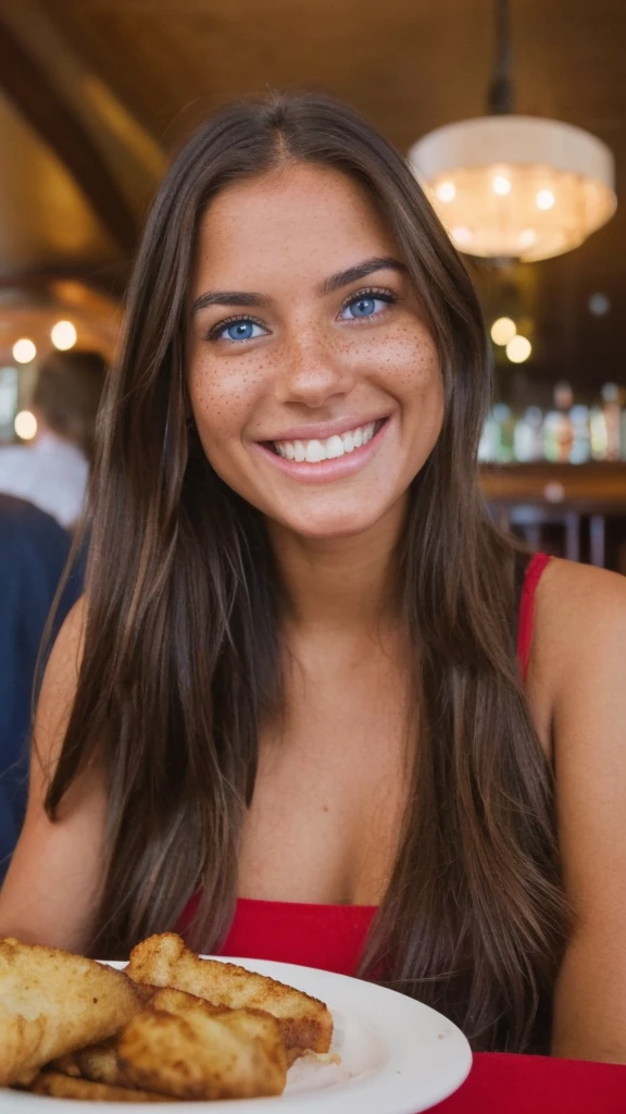 photo of a charming young woman, long shiny brown-brown hair, full round face, blue eyes, medium skin tone, light, charming freckles, smiling gently, wearing a red casul set, eating in pub , full up shot, popular on Instagram, Pinterest