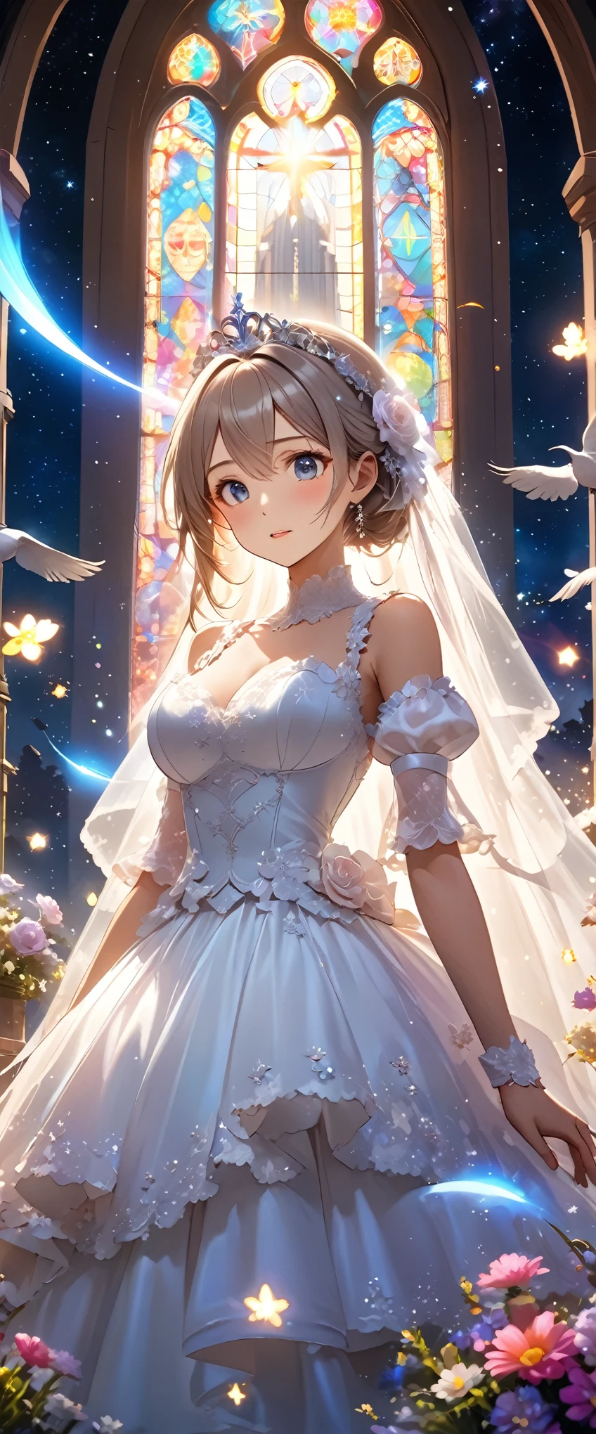 Highest quality, Super quality, 16K, Incredibly absurd, Very detailed, 2.5D, delicate and dynamic, church, Brightly colored stained glass, Small faint lights and flying fireflies, night, Starry Sky, milky way, nebula, shooting star, Flowers, birds, wind and moon, Small face, Extremely delicate facial expression, Delicate eye depiction, Upper body close-up, erotic, sole sexy lady, healthy shaped body, 22 years old lady, bride, 170cm tall, huge firm bouncing busts, Colorful tiaras, A long wedding dress with a complex structure, Colorful long wedding dress, frilly see-through long wedding dress, super long cape from head
