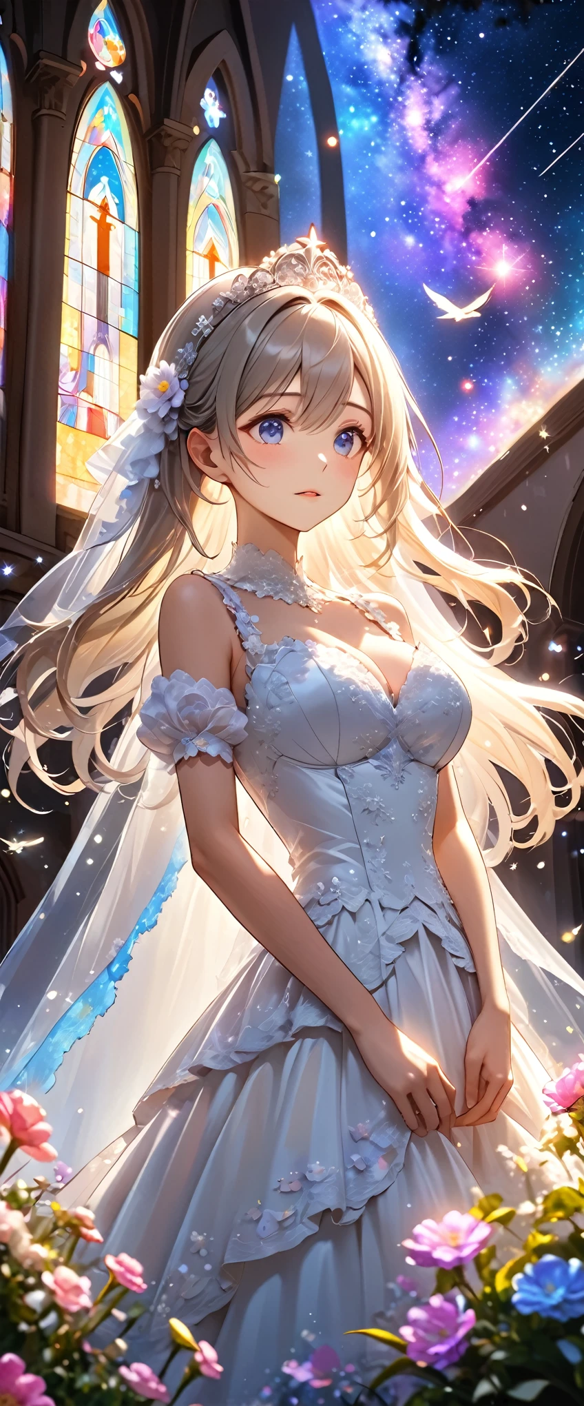 Highest quality, Super quality, 16K, Incredibly absurd, Very detailed, 2.5D, delicate and dynamic, church, Brightly colored stained glass, Small faint lights and flying fireflies, night, Starry Sky, milky way, nebula, shooting star, Flowers, birds, wind and moon, Small face, Extremely delicate facial expression, Delicate eye depiction, Upper body close-up, erotic, sole sexy lady, healthy shaped body, 22 years old lady, bride, 170cm tall, huge firm bouncing busts, Colorful tiaras, A long wedding dress with a complex structure, Colorful long wedding dress, frilly see-through long wedding dress, super long cape from head