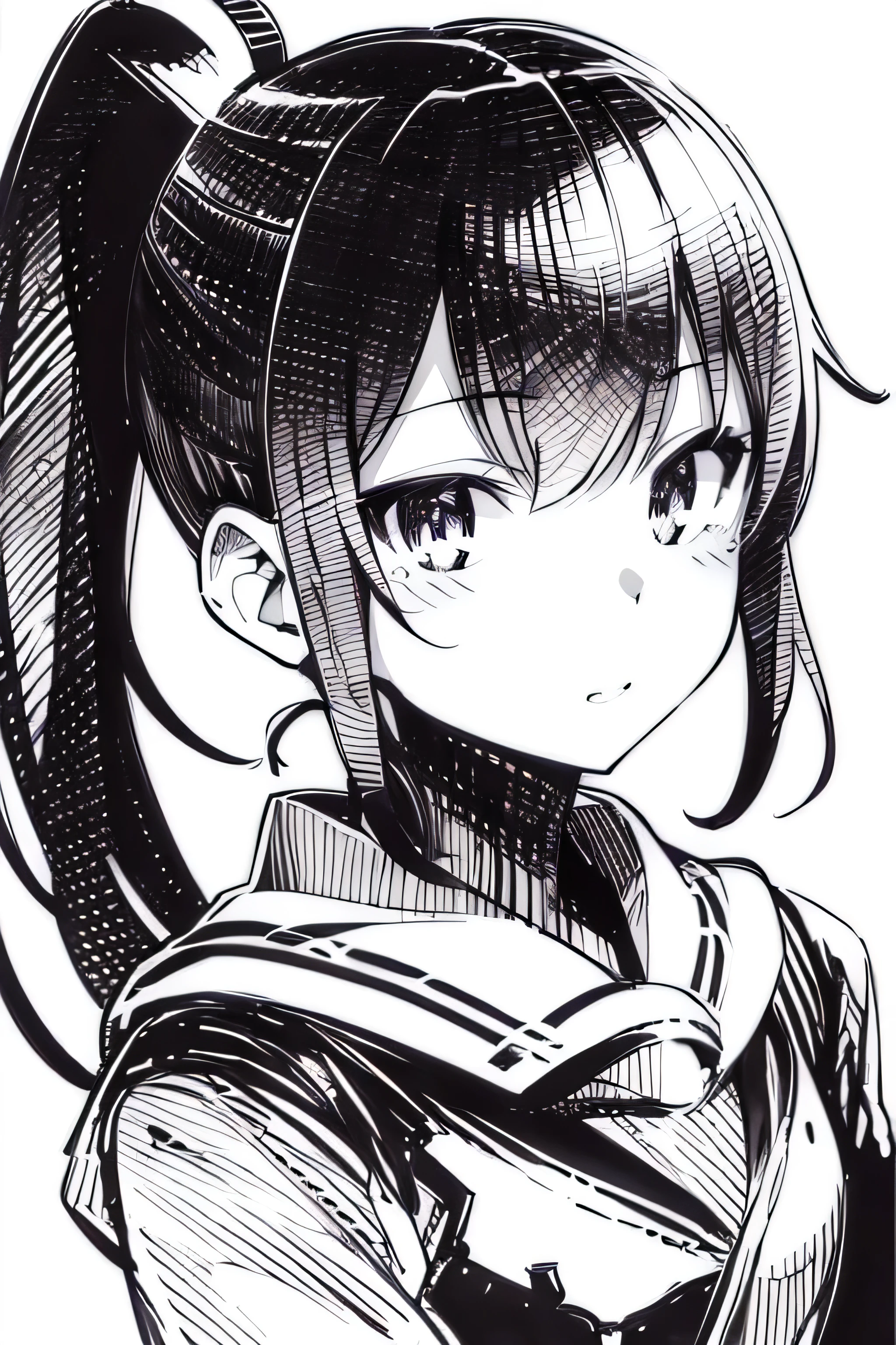 pen_sketch_style、One Girl、solo、Ink-like、sketchした、The Face of Japan、Knotted high ponytail、Sparkling eyes、Pilot Suit