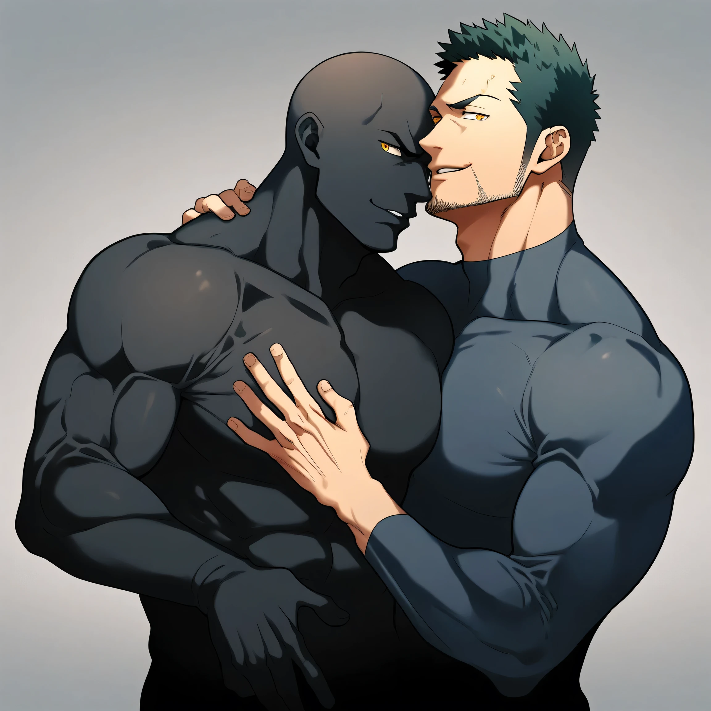 anime characters:Two superheroes in tights, Priapus and Muscle skinhead superhero, black skin, They hugged and kissed each other, Bite your neck, Caress, Manliness, male focus, Yellow and black high collar long sleeve tight T-shirt, Slightly transparent material, Very tight, Round, full and perky chest muscles, Muscle waist, Slightly transparent, muscular male, muscular, only, Upper body, alone, Black short hair, Thick eyebrows, stubble, Yellow eyes, Grey background, simple background, amazing quality, best aesthetics, Ridiculous, bright pupils, crew cut, parted lips, seductive smile, torogao, naughty face, drop shadow, best quality
