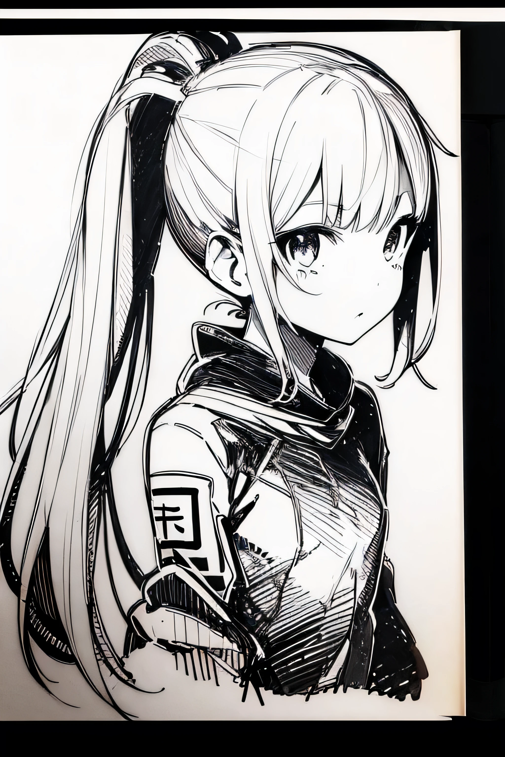 pen_sketch_style、One Girl、solo、Ink-like、sketchした、The Face of Japan、Knotted high ponytail、Sparkling eyes、Pilot Suit