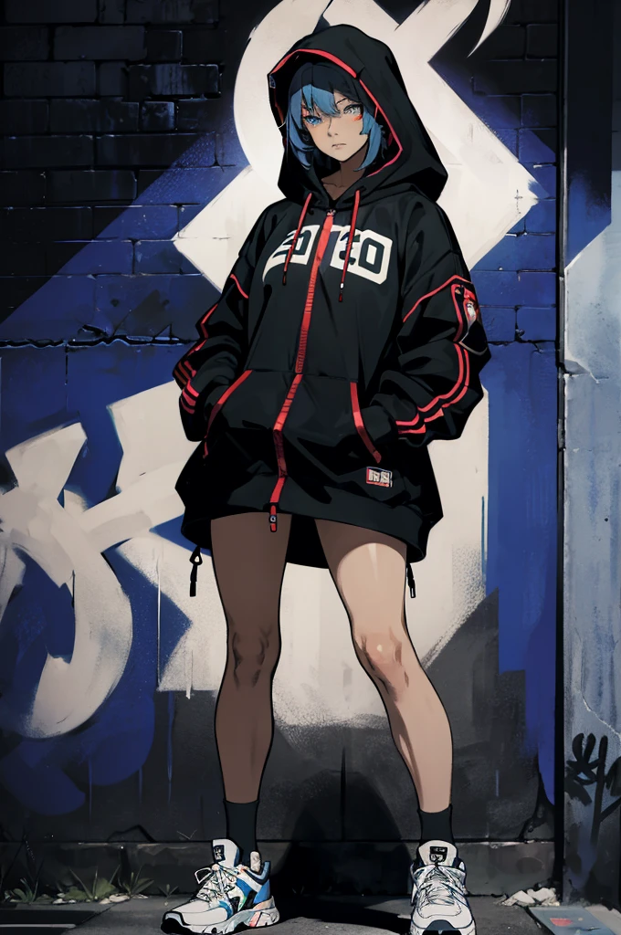 One girl, Ultra detailed face, Beautiful Eyes, Glowing Eyes, hoodie, Unzipped coat, Wearing a hood, bangs, blue eyes, Edgy, Standing in front of a wall covered in graffiti, Street fashion, sneakers, Spray can, cyber punk