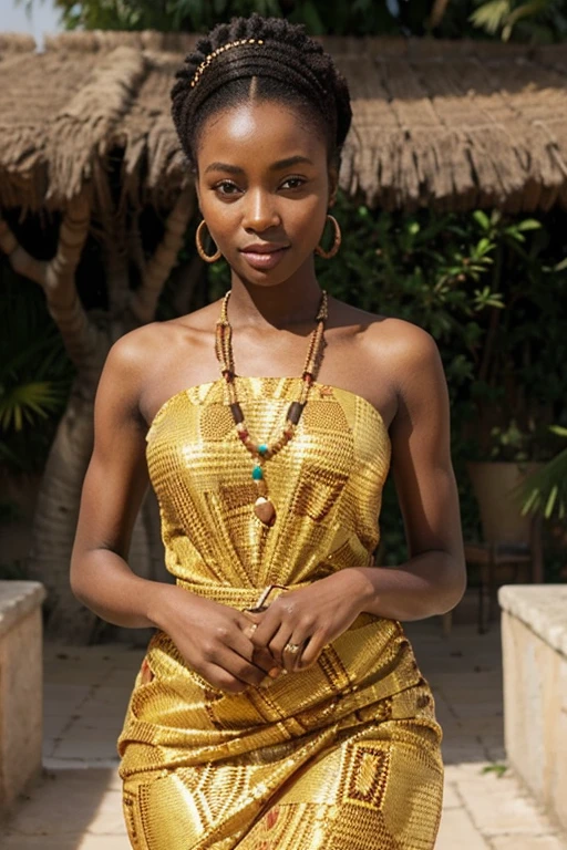 une jeune femme africaine d'une beauté angélique a l'allure d'une déesse, arrêté , le regarde fixe et assurant, vêtu d'un ensemble tailleur