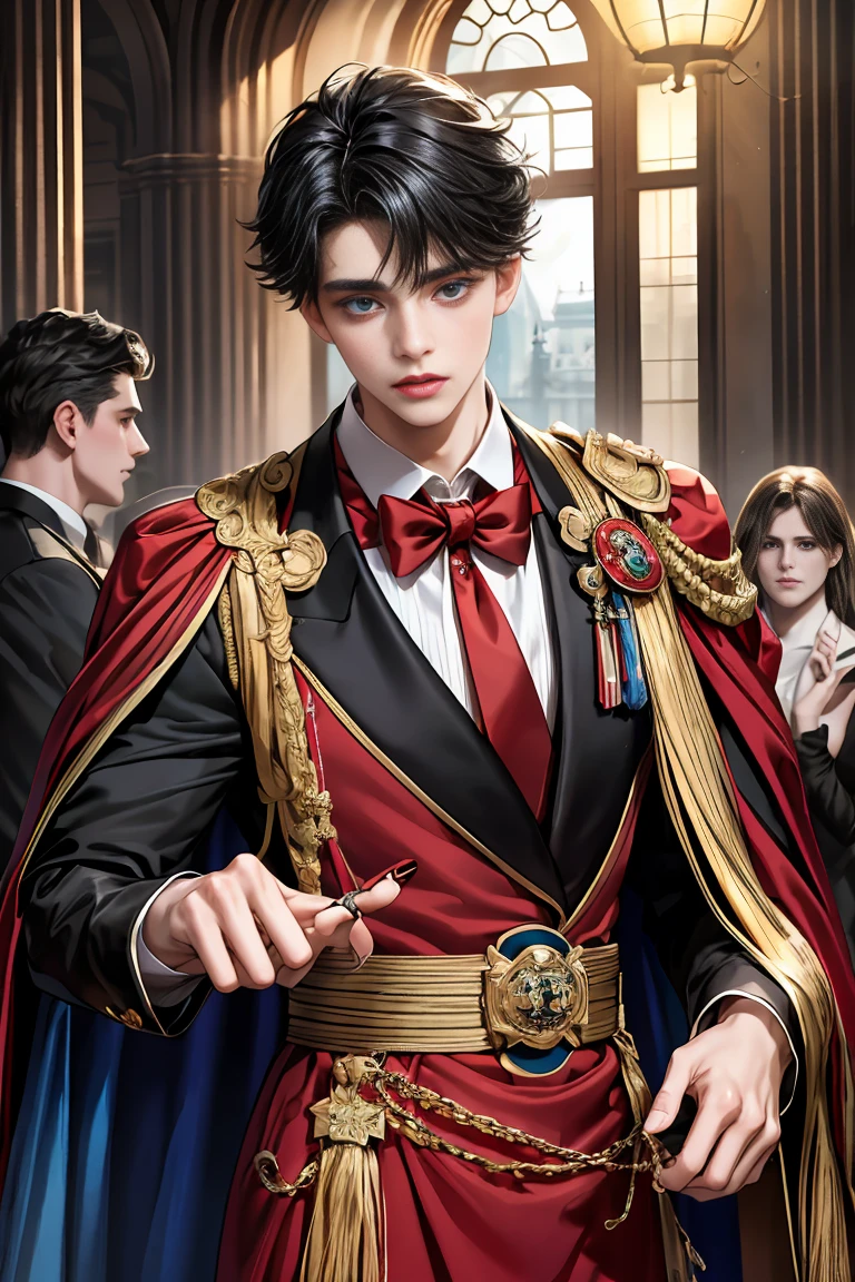 masterpiece, 最high quality, high quality, 1 boy, alone, Male focus, Watching the audience, Messy black hair, Adorable big blue eyes, White people, Noble, Noble,Sexy voluminous black and red cape、Tuxedo、A very voluminous, large, very large, very large, long, long red and black cape with a high stand-up collar, reaching down to the floor, made of a lot of fabric., ,Cute beautiful boys,Cute, cute, kind, handsome guy