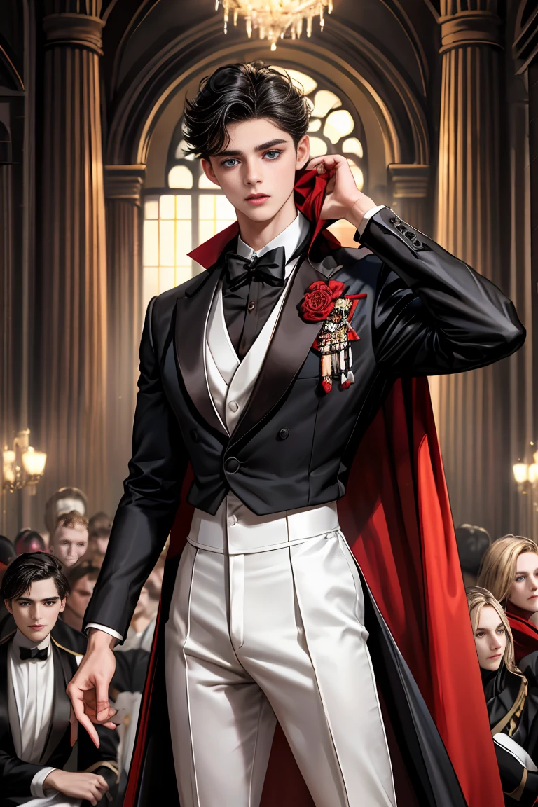 masterpiece, 最high quality, high quality, 1 boy, alone, Male focus, Watching the audience, Messy black hair, Adorable big blue eyes, White people, Noble, Noble,Sexy voluminous black and red cape、Tuxedo、A very voluminous, large, very large, very large, long, long red and black cape with a high stand-up collar, reaching down to the floor, made of a lot of fabric., ,Cute beautiful boys,Cute, cute, kind, handsome guy