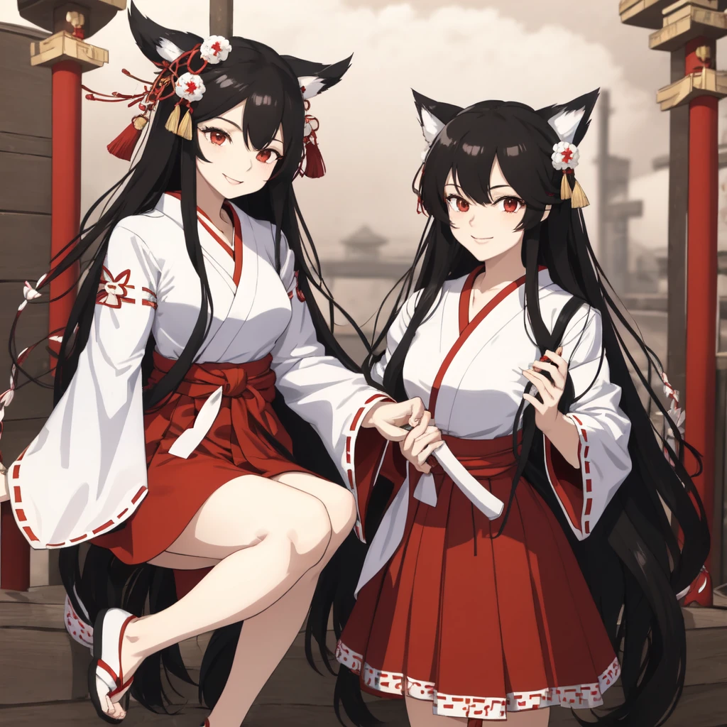 The image shows an illustrated character, likely from an anime or manga. The character has long dark hair and is wearing a traditional shrine maiden (miko) outfit, consisting of a white top (haori) with red accents and a red skirt (hakama). The character is holding what appears to be a bow without the string, and there are white ribbon-like effects surrounding the character, suggesting movement or a magical element. The face of the character has been pixelated to obscure it. The character has no accessories. Please create the new illustration in a soft, pencil-drawn style based on this description. With a smile on your face
