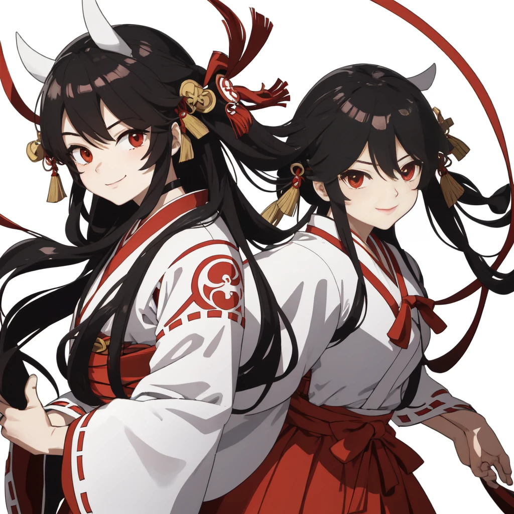 The image shows an illustrated character, likely from an anime or manga. The character has long dark hair and is wearing a traditional shrine maiden (miko) outfit, consisting of a white top (haori) with red accents and a red skirt (hakama). The character is holding what appears to be a bow without the string, and there are white ribbon-like effects surrounding the character, suggesting movement or a magical element. The face of the character has been pixelated to obscure it. The character has no accessories. Please create the new illustration in a soft, pencil-drawn style based on this description. With a smile on your face