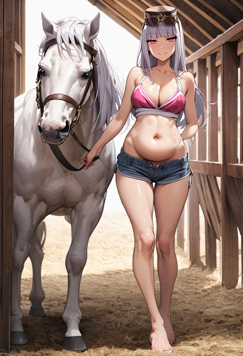 Gold Ship Women、smile、1 person、horse ear、smug face、Cleavage、Shorts、Thighs、Full body view、Leading a white horse、stable、straw、Beautiful eyes、Belly button、Beautiful belly button、Skinny、Deep pink eyes