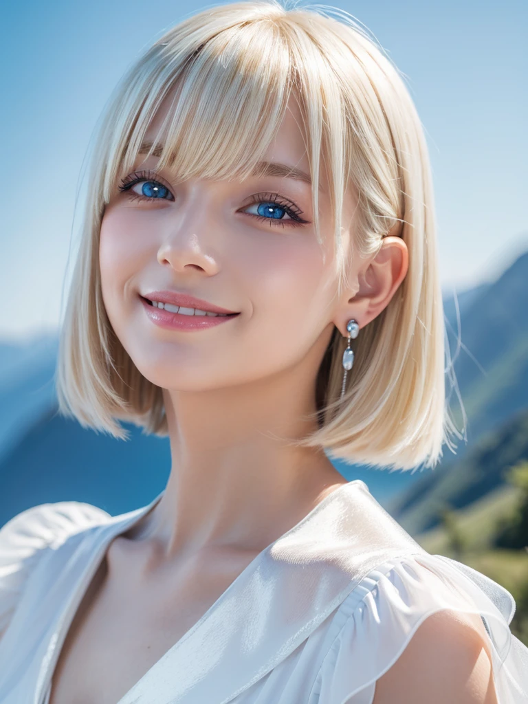 Detailed face, Cute face, masterpiece , Highest quality , woman , Mountain top hat , bangs , smile , Outdoor, Shiny, platinum blonde, silky, super short hair, Side Lock, beautiful shiny bangs, Big, clear, sky-blue eyes, Very beautiful light eye highlighter, Earrings