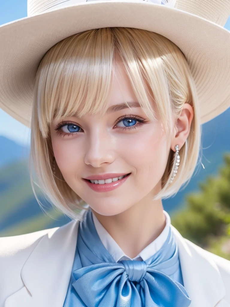 Detailed face, Cute face, masterpiece , Highest quality , woman , Mountain top hat , bangs , smile , Outdoor, Shiny, platinum blonde, silky, super short hair, Side Lock, beautiful shiny bangs, Big, clear, sky-blue eyes, Very beautiful light eye highlighter, Earrings
