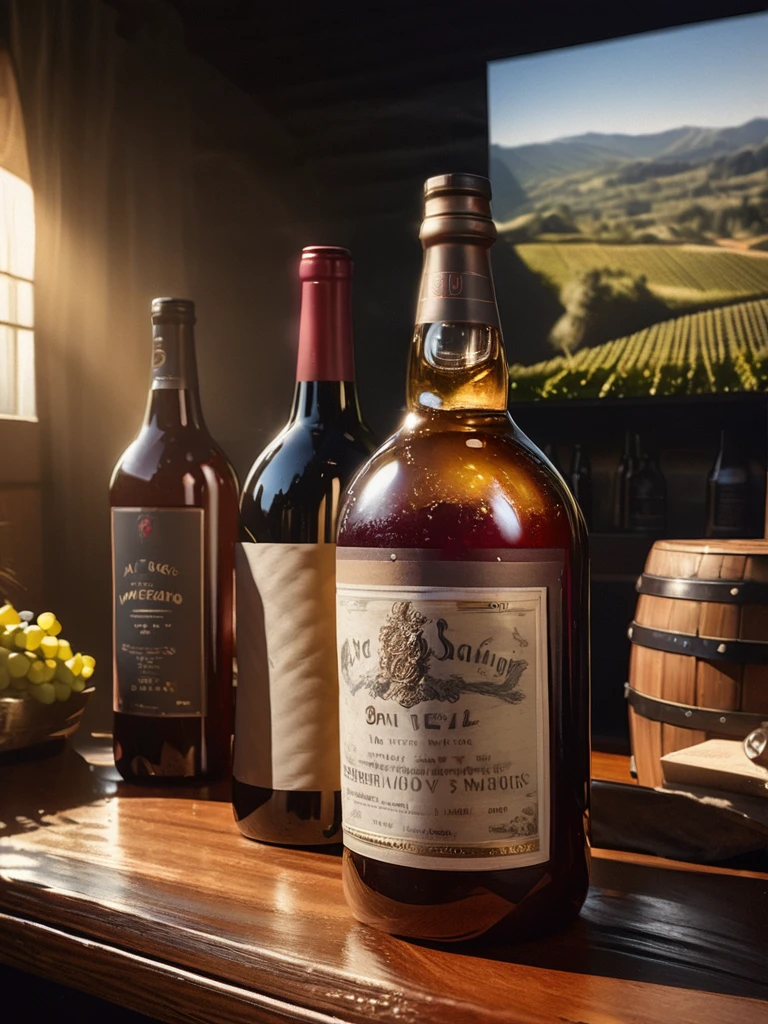 a masterpiece vintage still life, antique wine bottles, vineyards in background, detailed glassware, dramatic chiaroscuro lighting, rich moody colors, cinematic composition, photorealistic, 8k, (best quality,4k,8k,highres,masterpiece:1.2),ultra-detailed,(realistic,photorealistic,photo-realistic:1.37),HDR,UHD,studio lighting,ultra-fine painting,sharp focus,physically-based rendering,extreme detail description,professional,vivid colors,bokeh