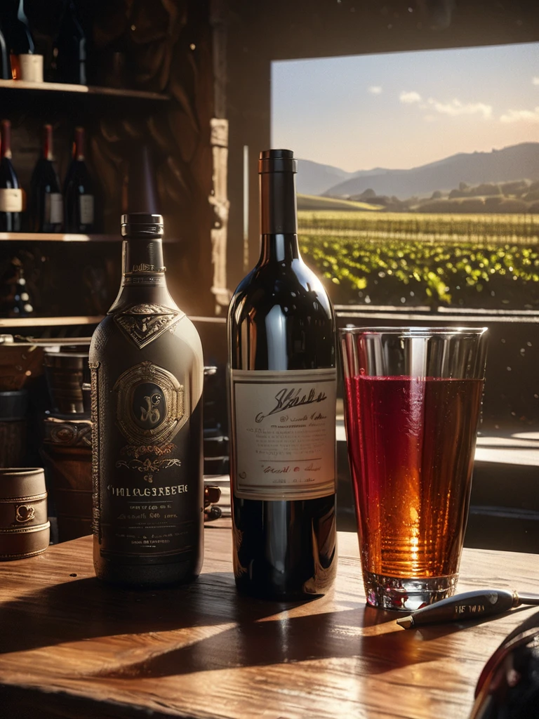 a masterpiece vintage still life, antique wine bottles, vineyards in background, detailed glassware, dramatic chiaroscuro lighting, rich moody colors, cinematic composition, photorealistic, 8k, (best quality,4k,8k,highres,masterpiece:1.2),ultra-detailed,(realistic,photorealistic,photo-realistic:1.37),HDR,UHD,studio lighting,ultra-fine painting,sharp focus,physically-based rendering,extreme detail description,professional,vivid colors,bokeh